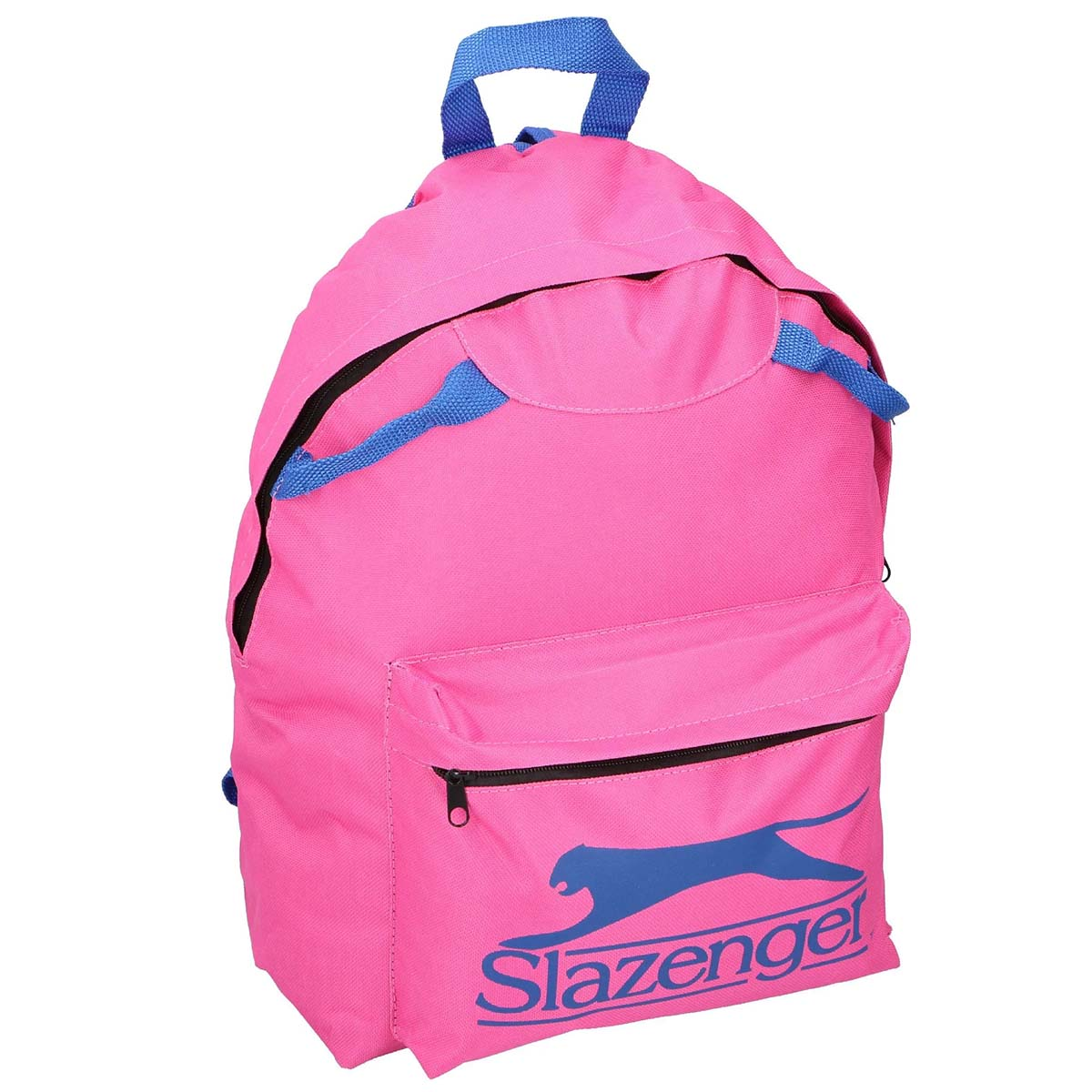 Uno zaino rosa con spalline blu e logo Slazenger.
