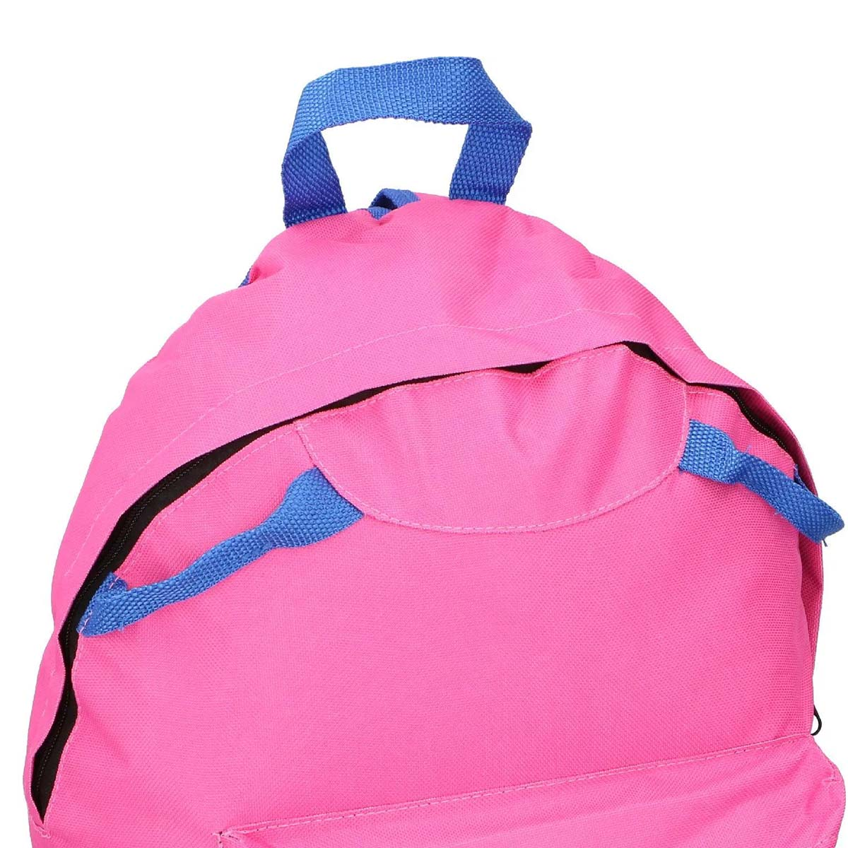 Primo piano di uno zaino rosa con cinghie blu e cerniera.