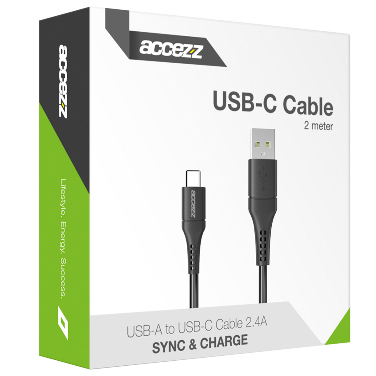 Emballage d'un câble USB-C montrant les connecteurs USB-A et USB-C.