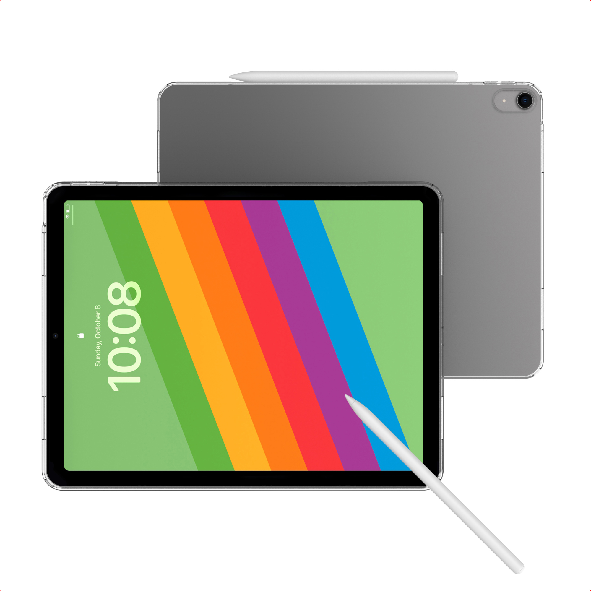 Two gray tablets with colorful backgrounds and pens.