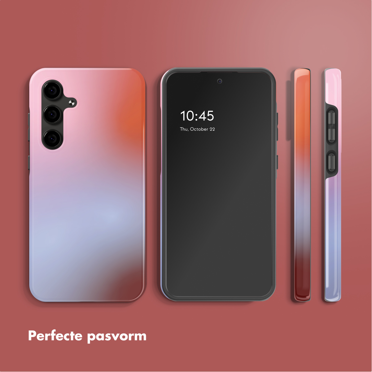 Uno smartphone con cover sfumata mostrato da più angolazioni.