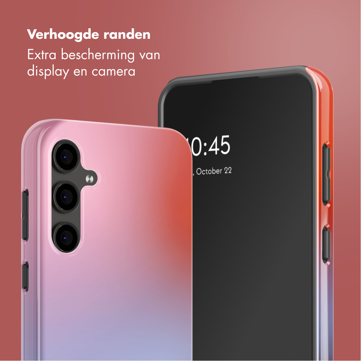 Una custodia per telefono rosa arancio accanto a uno smartphone con bordo rosso.