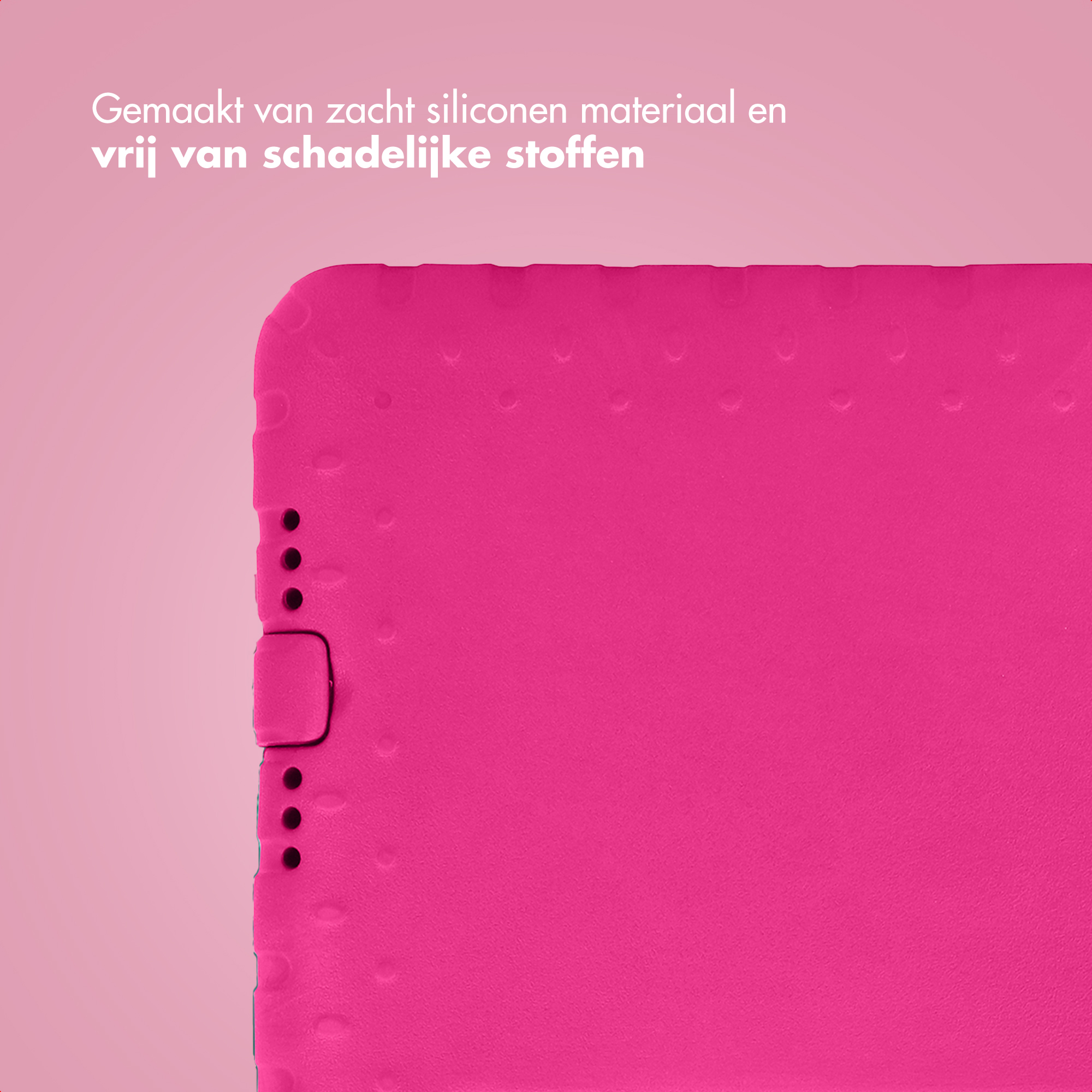 Felroze siliconen hoes met tekst
over materiaal.