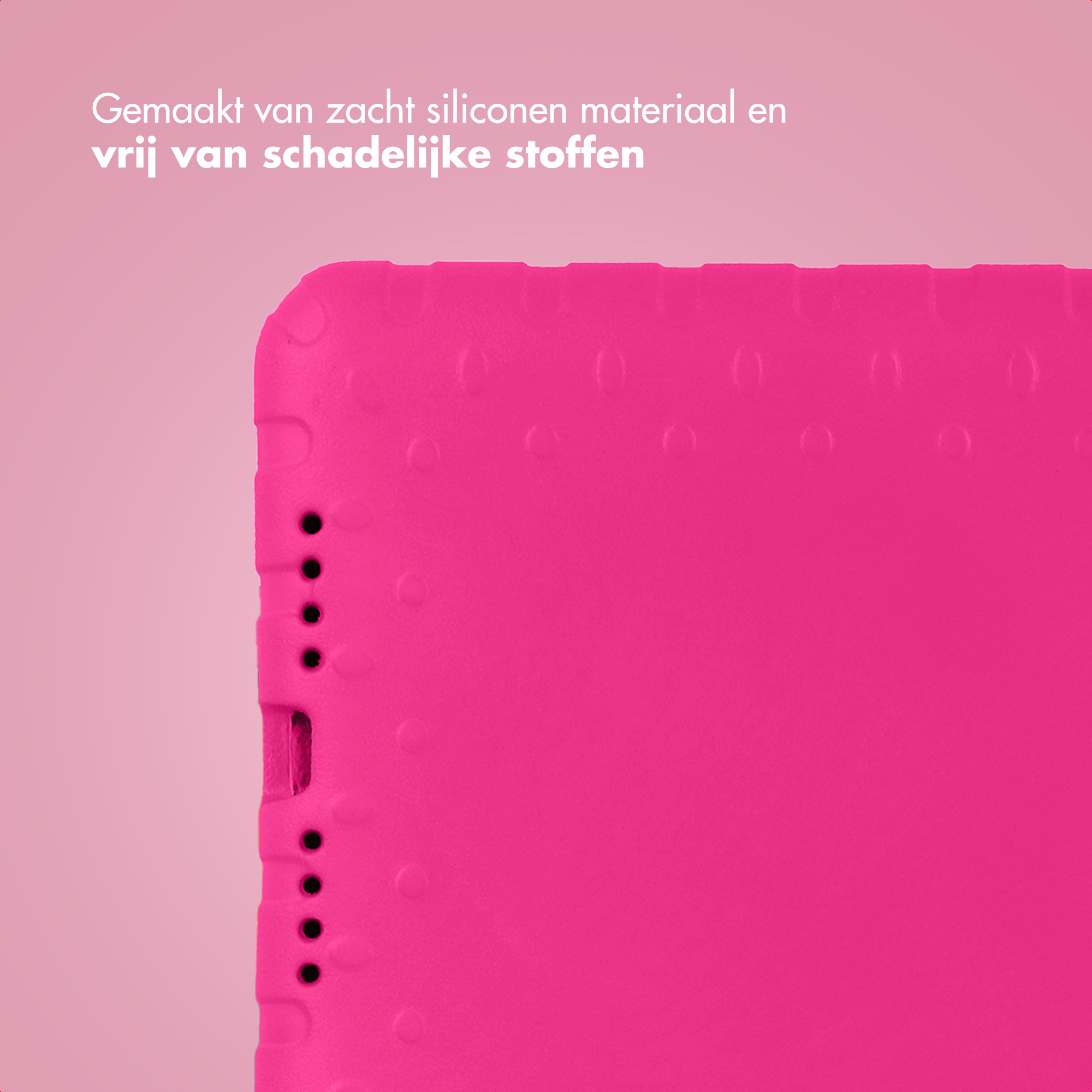 Close-up of a bright pink silicone case with small circle patterns and buttons.