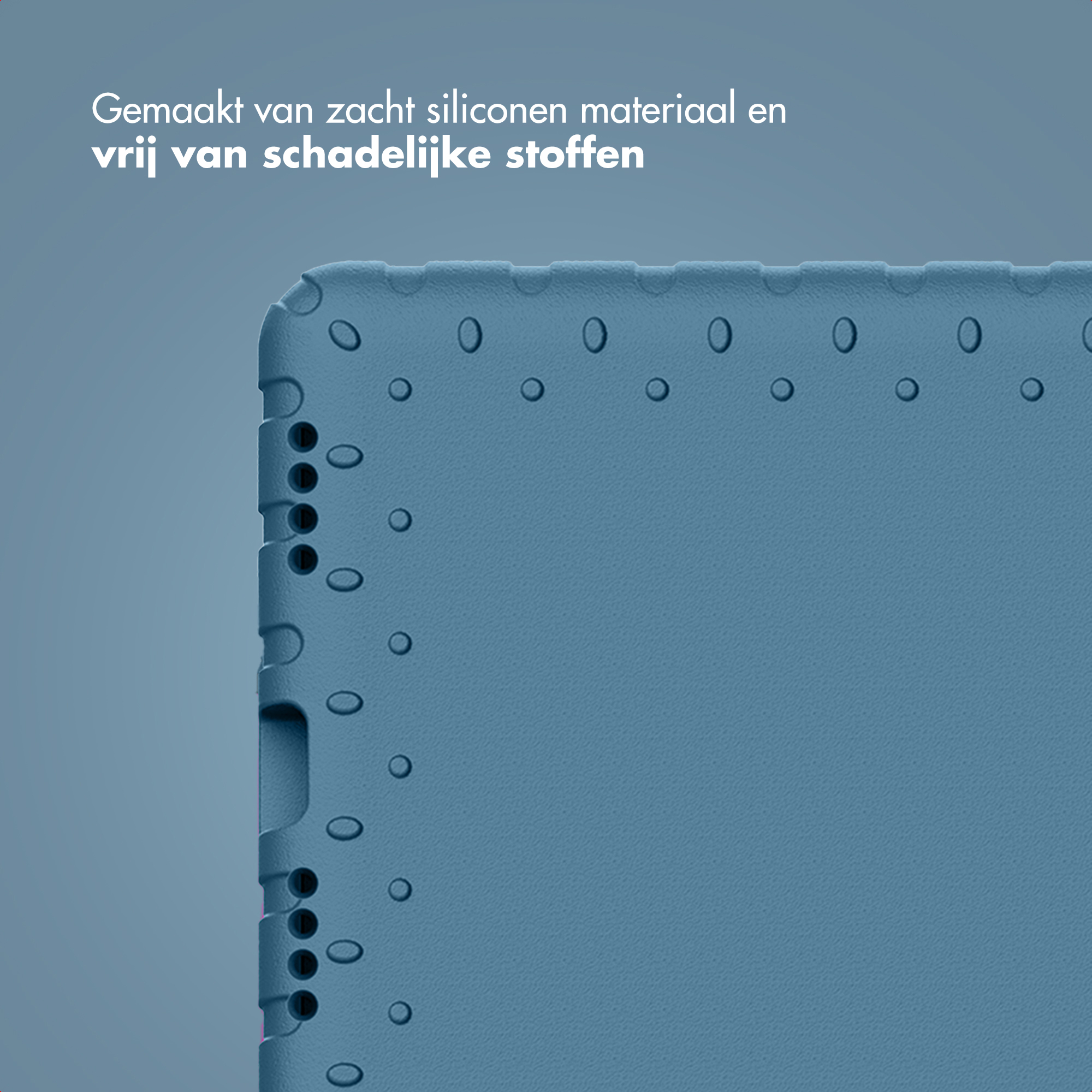 Blauwe siliconen hoes met cirkelvormige inkepingen en zijknoppen.