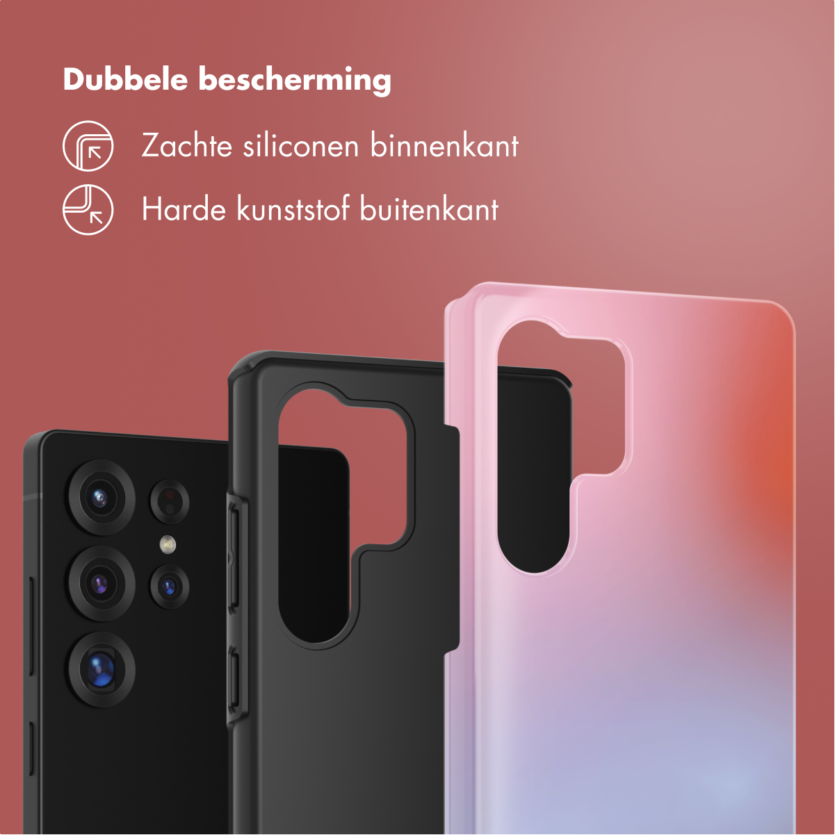 Tre custodie per telefono: nera con fotocamere, nera e sfumata rosa.
