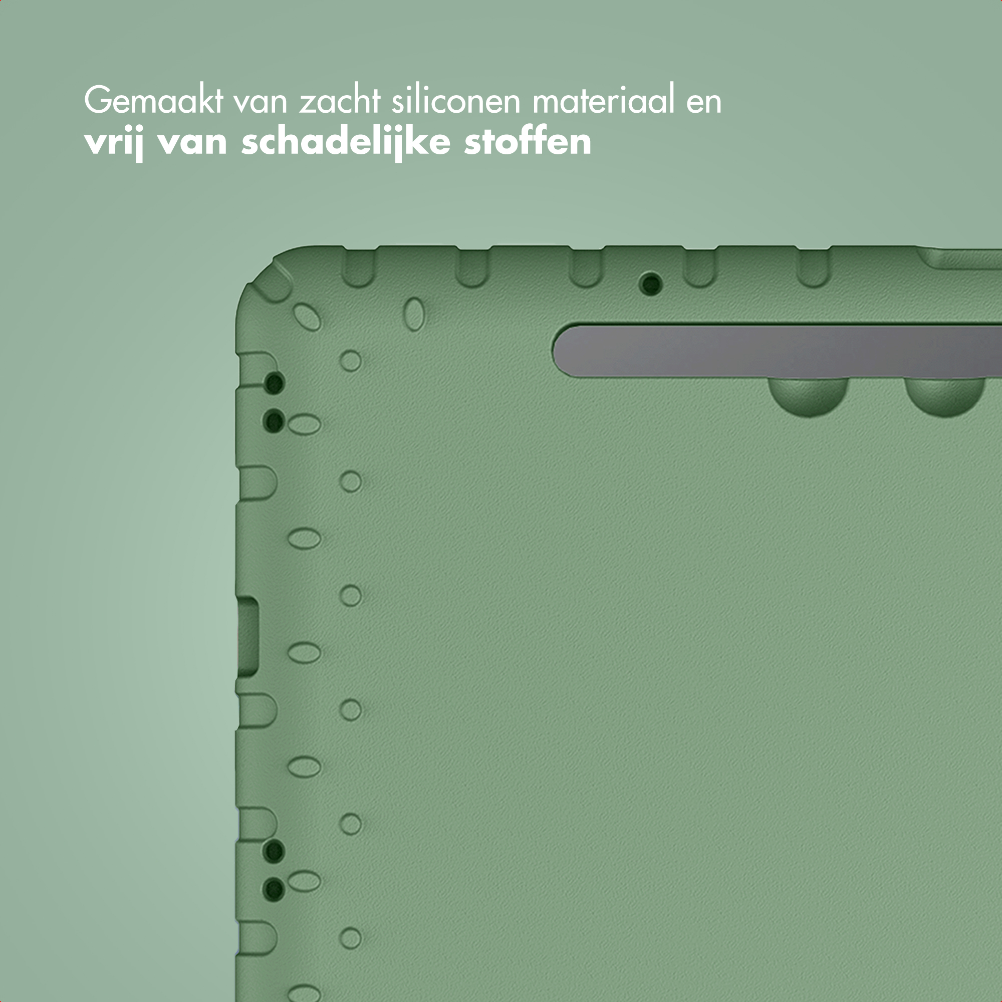 Groene siliconen hoes met cirkelvormige inkepingen en een balk.