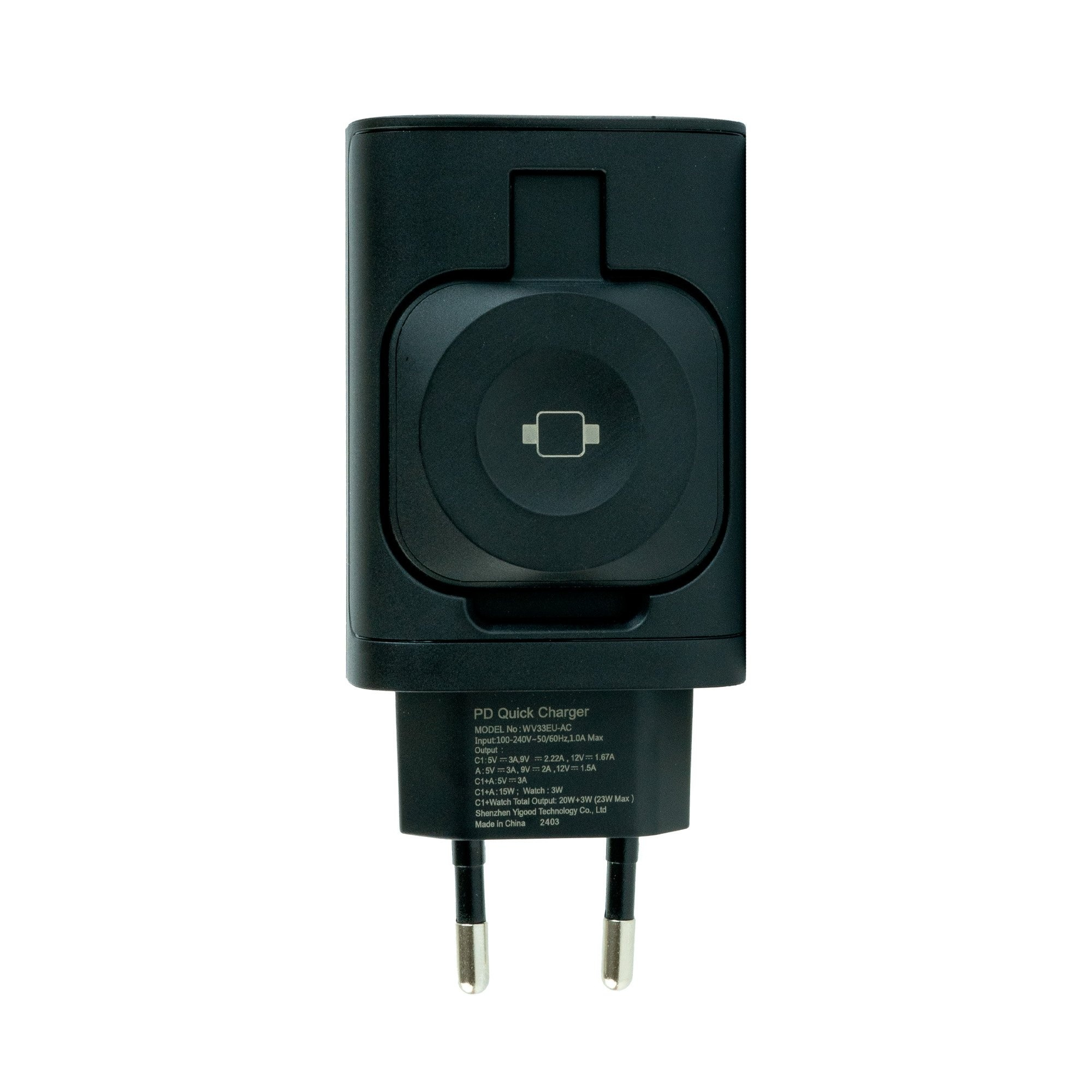 Schwarzes Ladegerät mit EU-Stecker und USB-C-Anschluss.