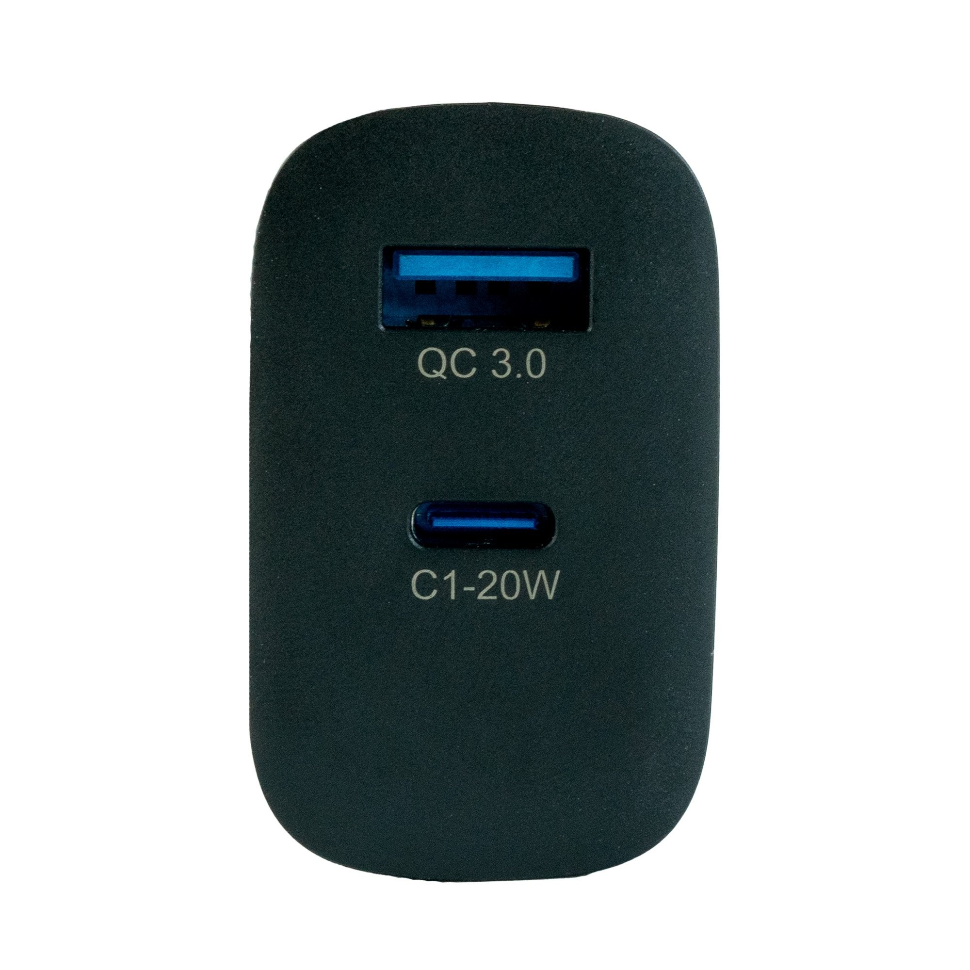 Schwarzer USB-Ladegerätadapter mit QC 3.0 und C1-20W Anschlüssen.