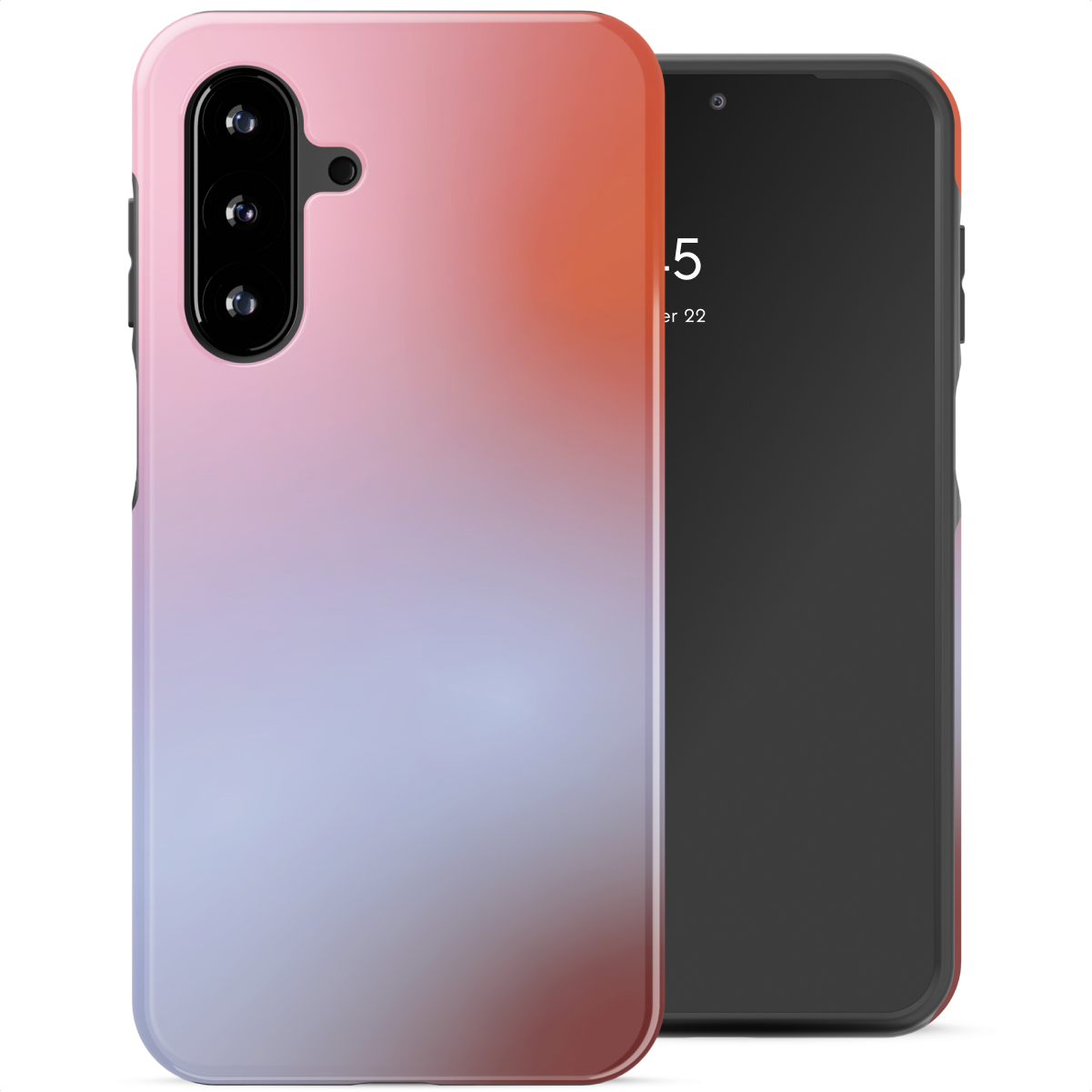 Een smartphone met een rood-blauwe gradiënt zit naast een telefoonhoesje.