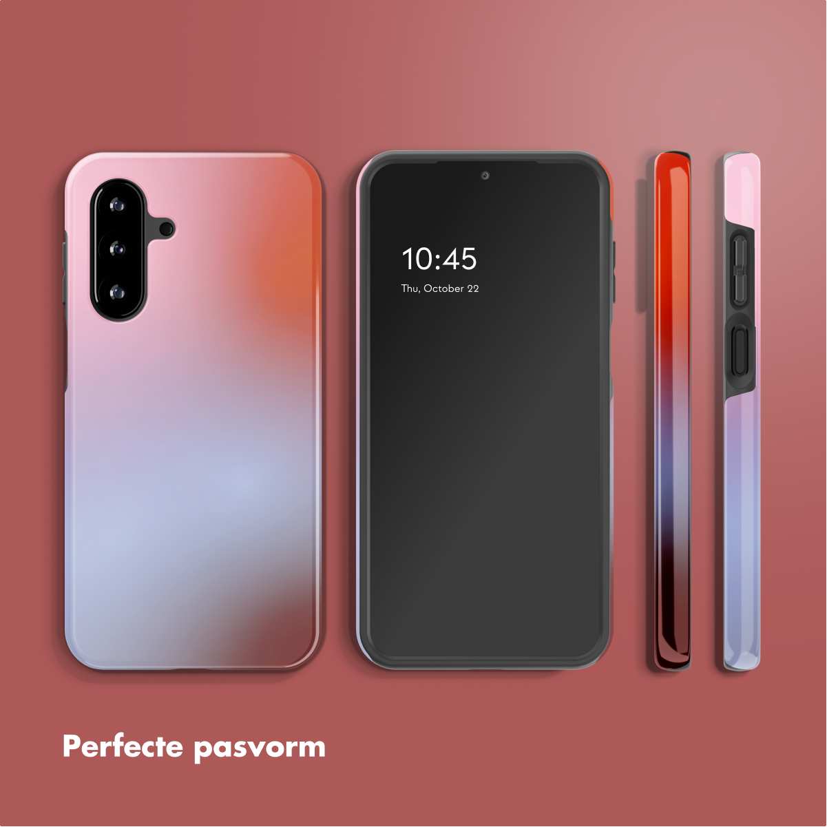 Een smartphone met een kleurverloop hoesje, naast een smartphone met zwart scherm.