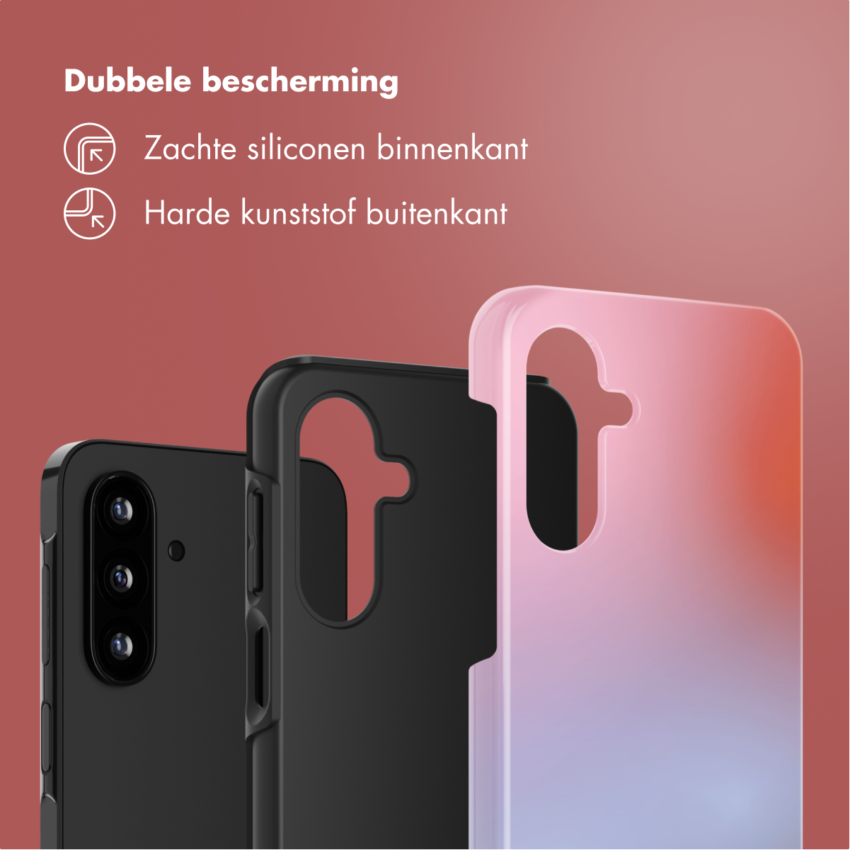 Trois coques de téléphone : une noire, une noire et une coque dégradée rose-violet.