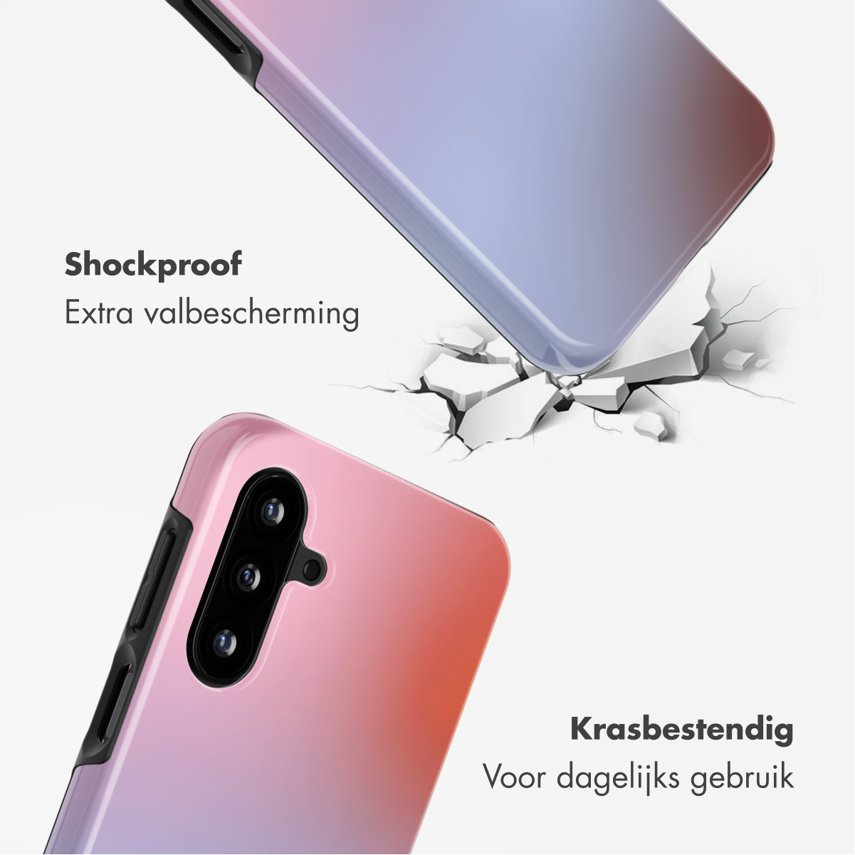 Twee telefoonhoesjes, één valt, één ligt op de grond. Schokbestendig.
