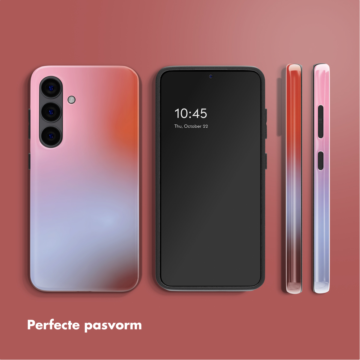Un telefono sfumato, un telefono nero e due custodie su sfondo rosso.