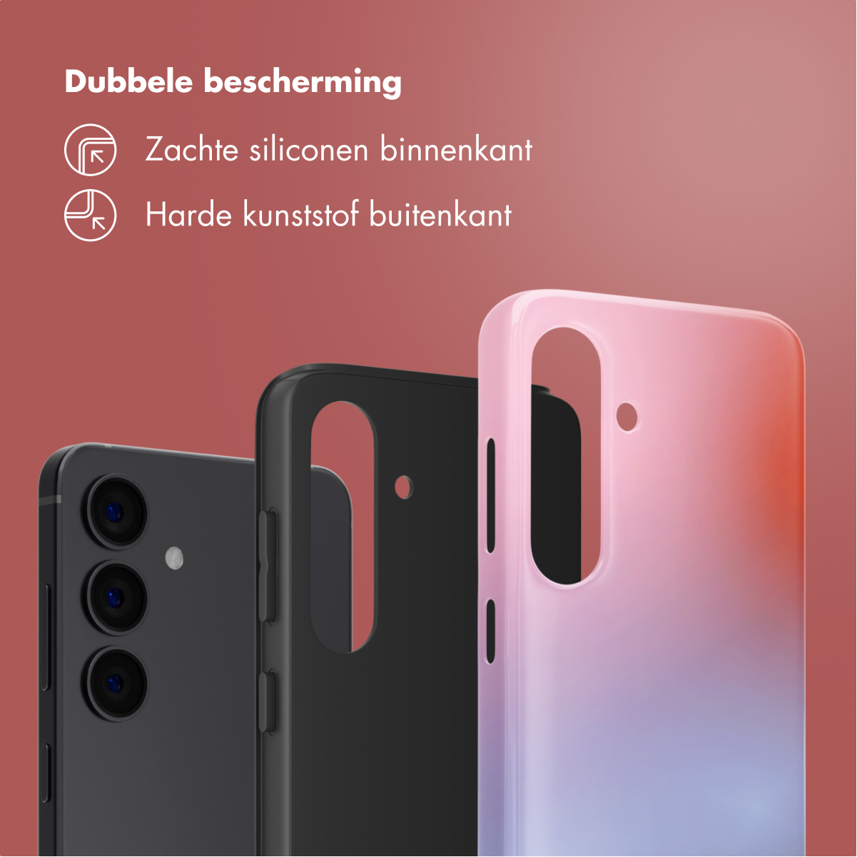 Tre cover per telefono: nera, nera e rosa-viola. Testo menziona doppia protezione.