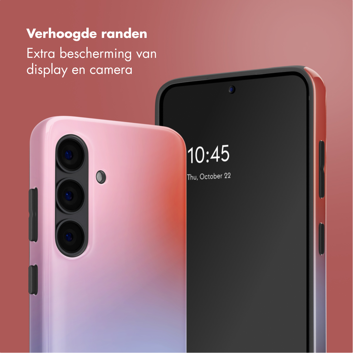 Due smartphone, uno con custodia rosa e tre fotocamere, l'altro con schermo nero.