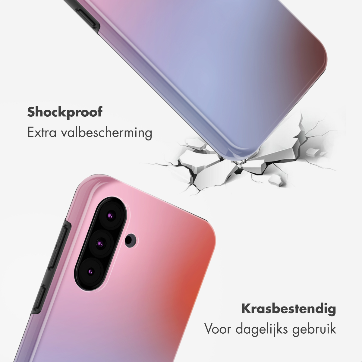 Una cover per telefono antigraffio sfumata che cade su una superficie bianca incrinata.