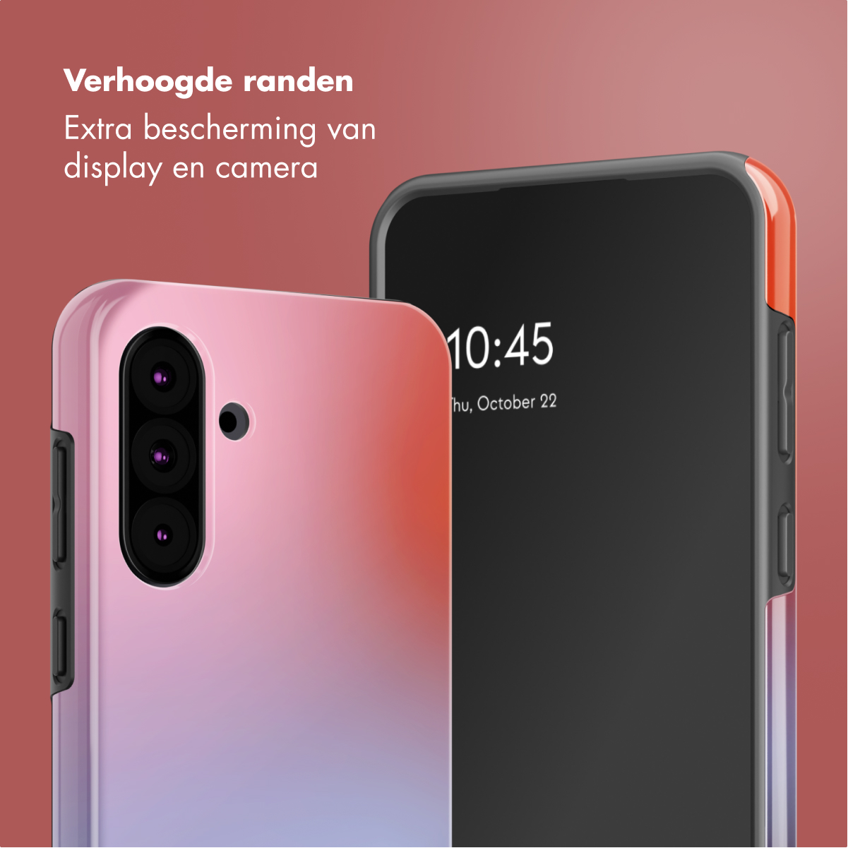 Due smartphone con custodie colorate su sfondo rosso.
