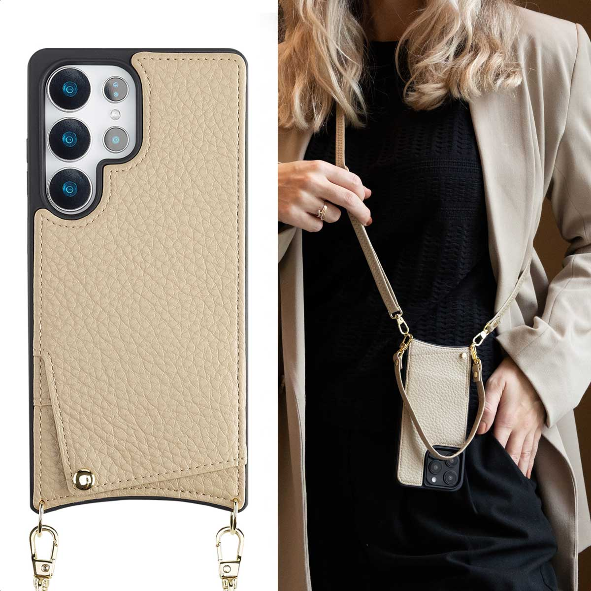 Custodia per telefono in pelle beige con porta carte e cinturino staccabile, indossata da una donna.