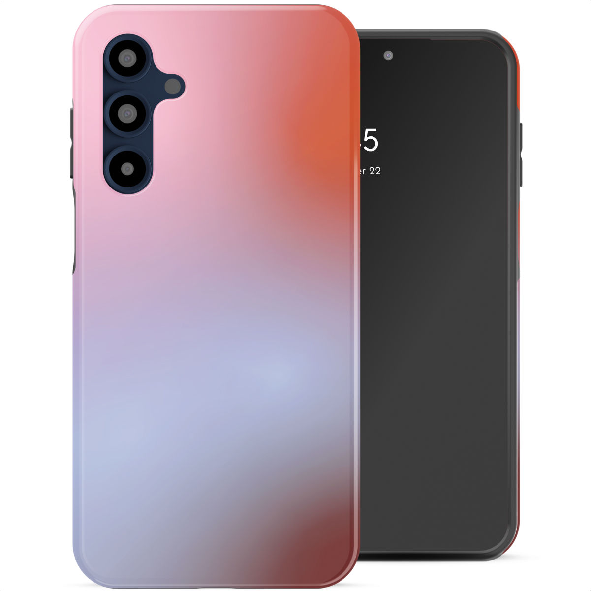 Een smartphone met een roze naar paarse gradiënt achterkant, naast een andere smartphone.