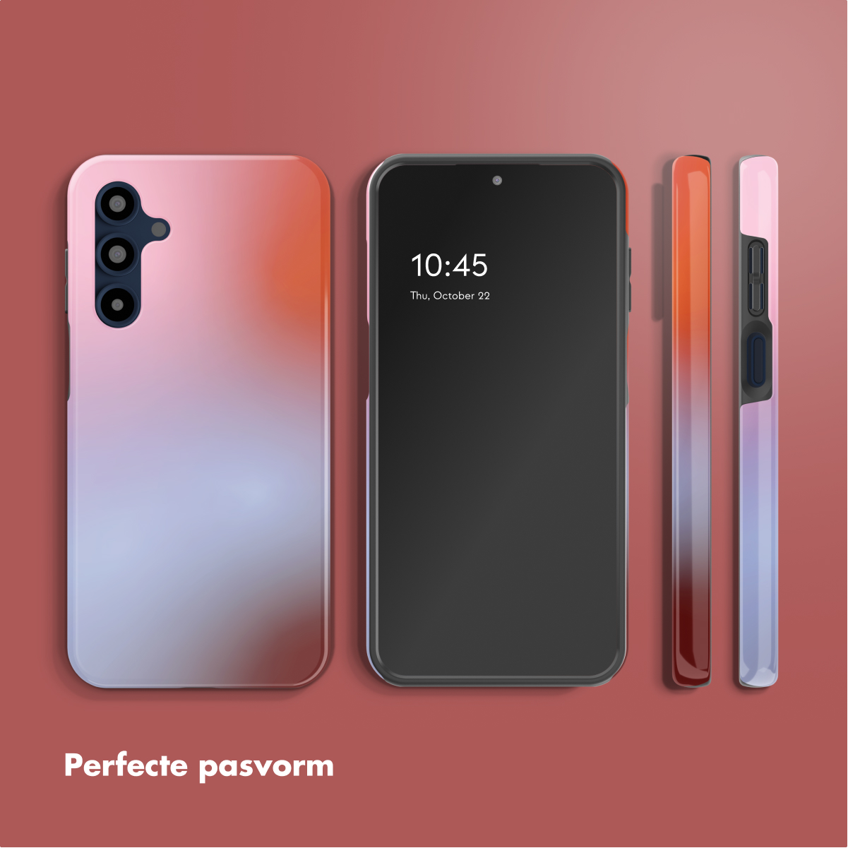 Een smartphone met een roze-oranje gradiënt en drie camera's, naast een smartphone.