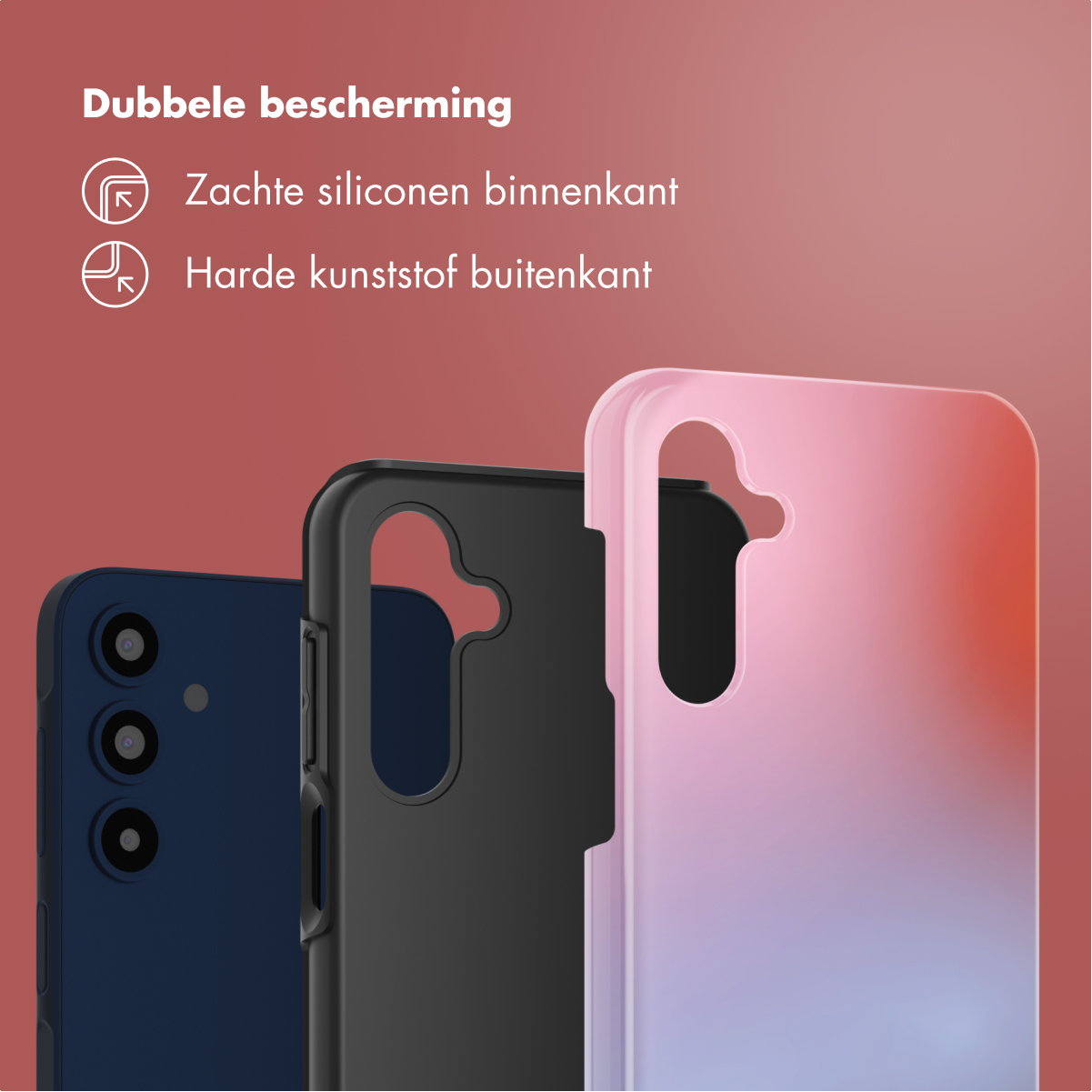 Drie telefoonhoesjes: donkerblauw, zwart en roze/paars verloop.