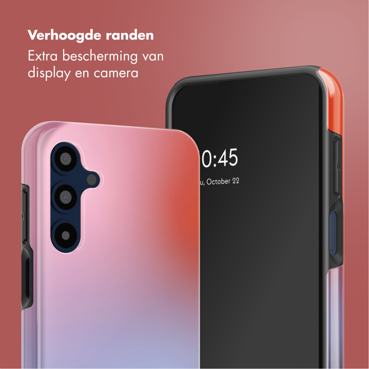 Twee telefoons met hoesjes: één roze-oranje, de andere met oranje rand.