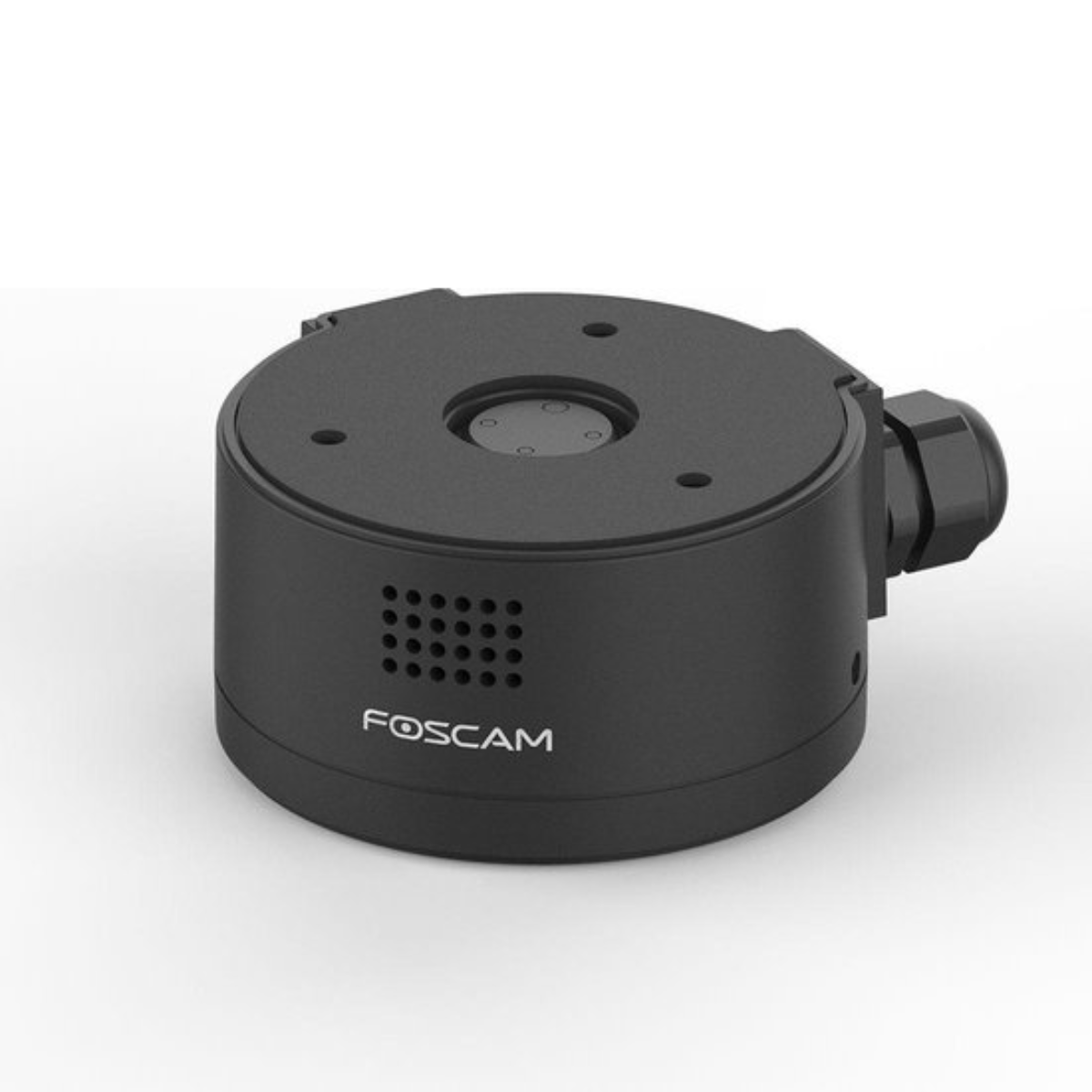 Een zwarte Foscam cameramontage met schroefgaten en kabelconnector.