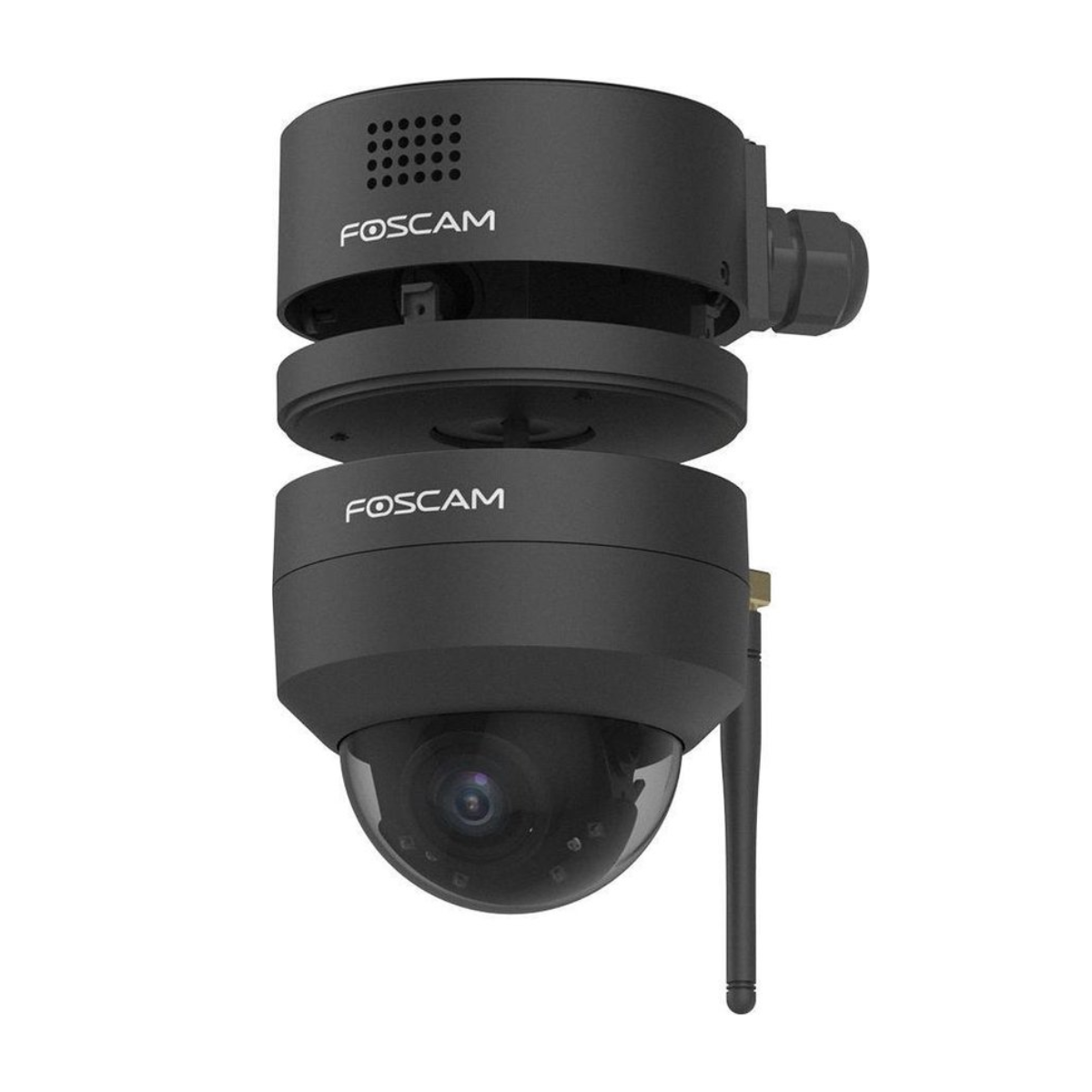 Twee gestapelde zwarte Foscam camera's, één met luidsprekerrooster, één met koepel en antenne.