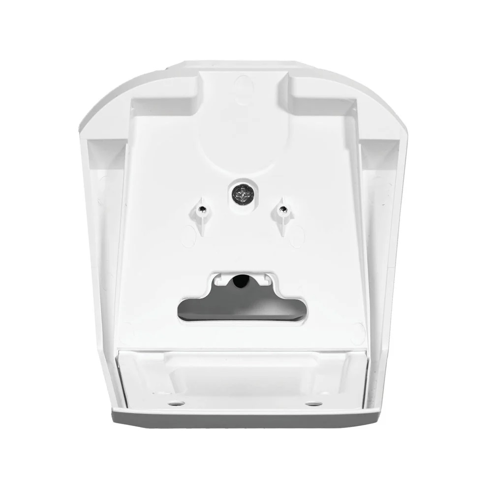 Back of white bracket with screw, cutout, and slots.