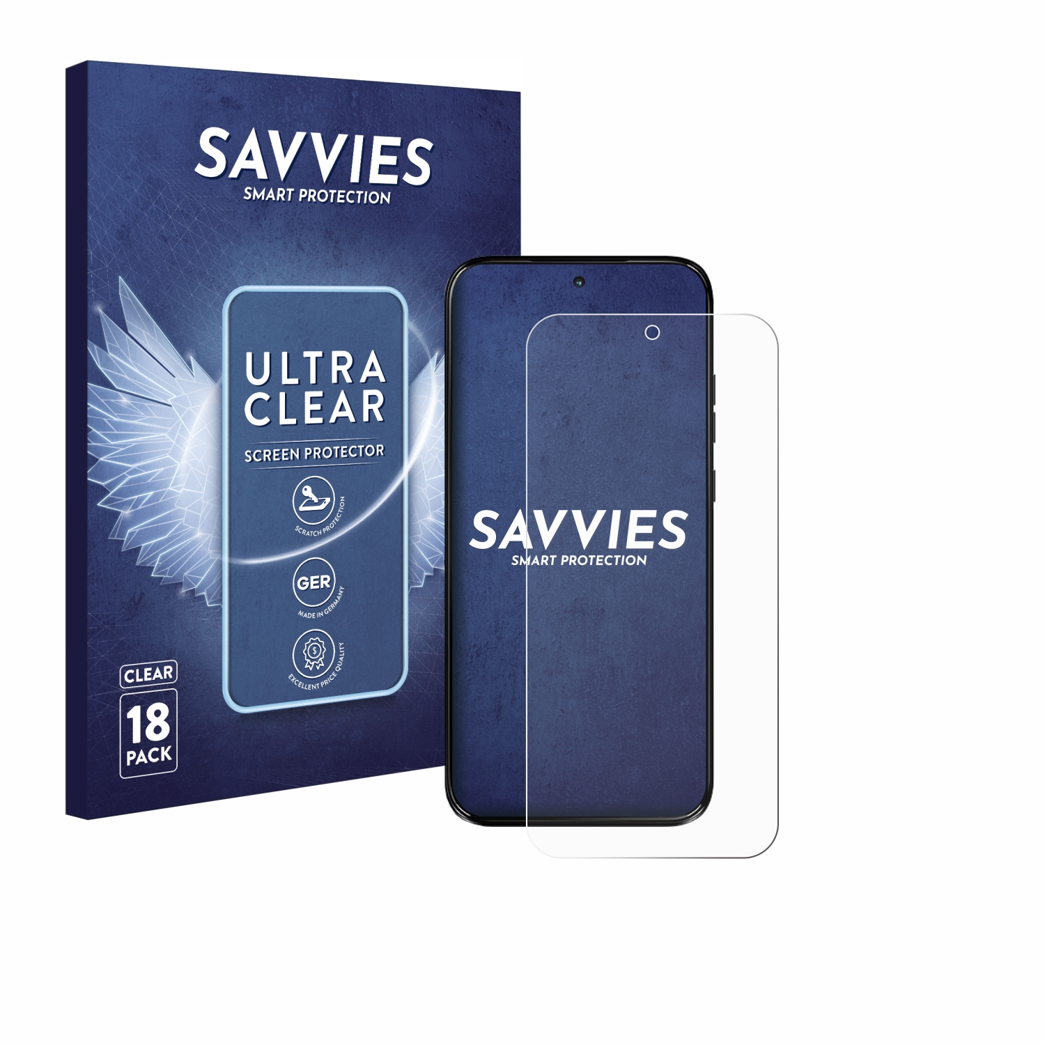 Savvies Schutzfolien-Verpackung und Handy mit Folie. 18er Pack.