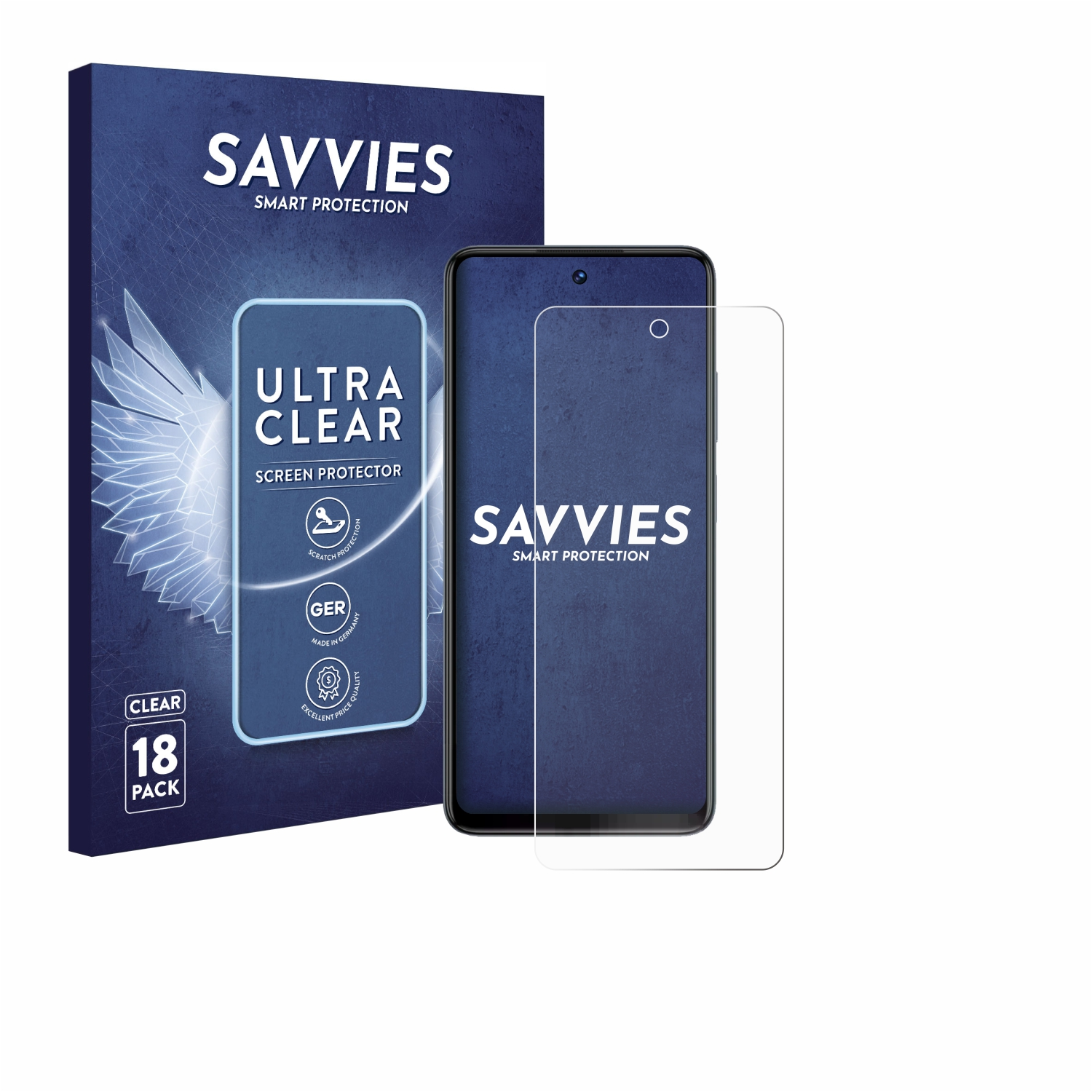 Savvies Displayschutzfolie mit Smartphone und Verpackung. 18er Pack.