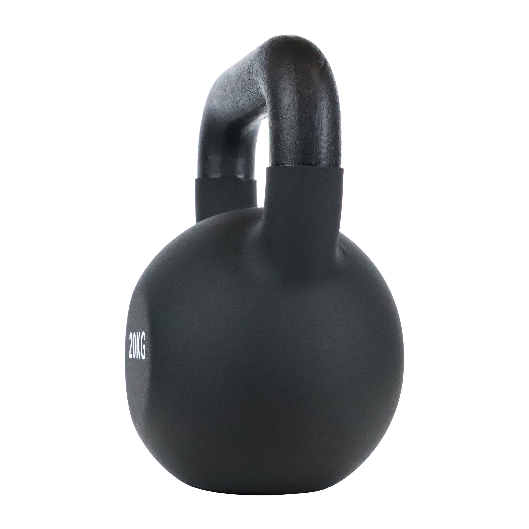 Czarny kettlebell 20 kg z okrągłą podstawą i rączką, na białym tle.