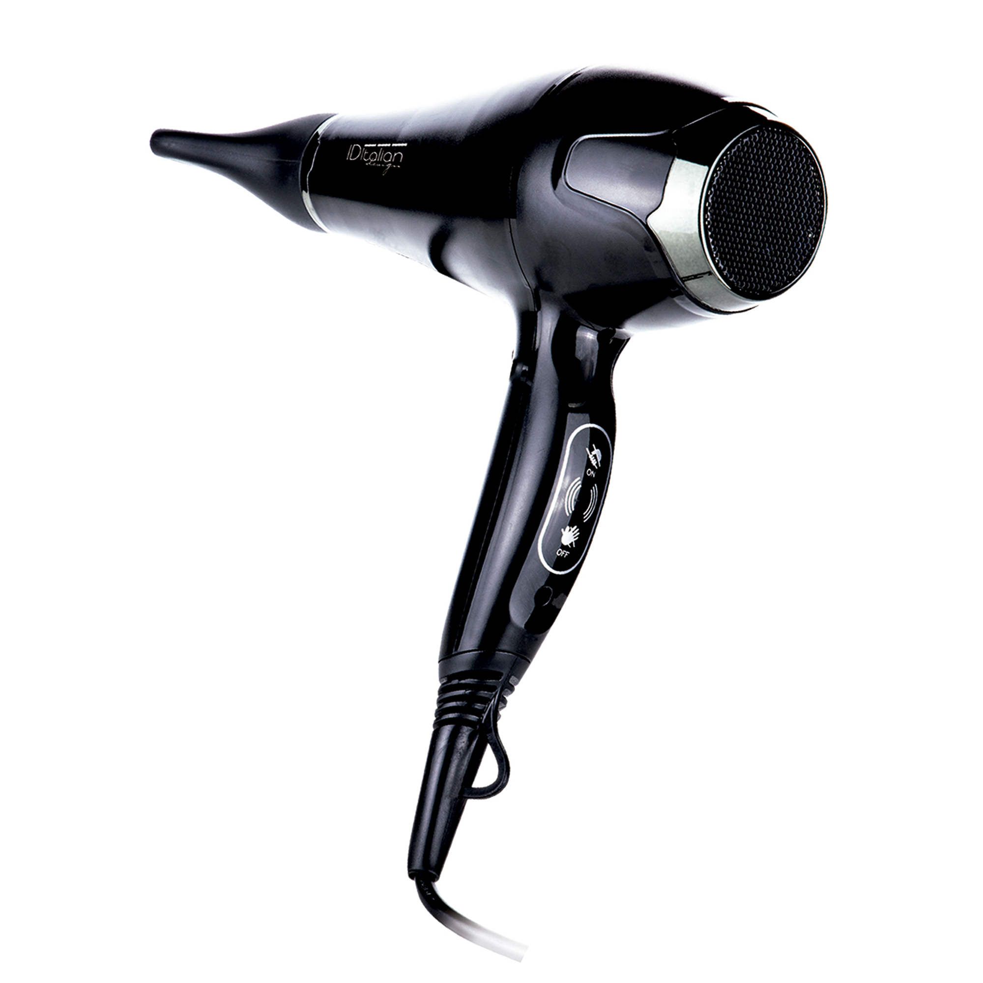 Czarna suszarka do włosów z srebrną kratką na końcu.