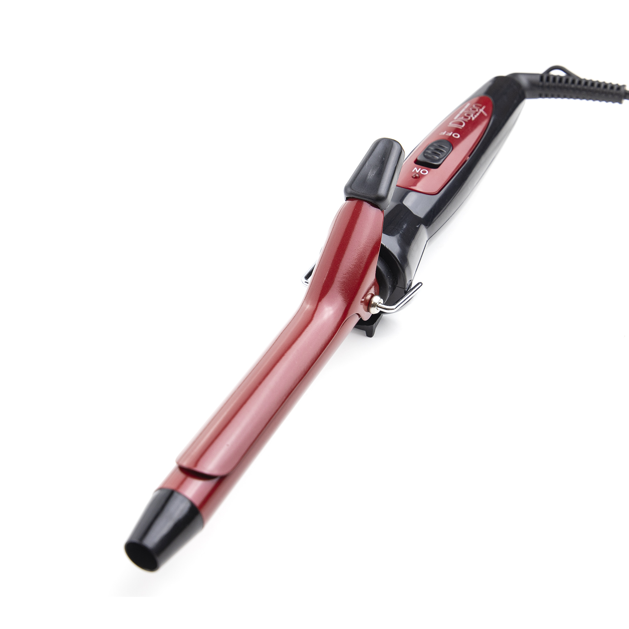 Czerwona i czarna lokówka z kablem na białym tle.