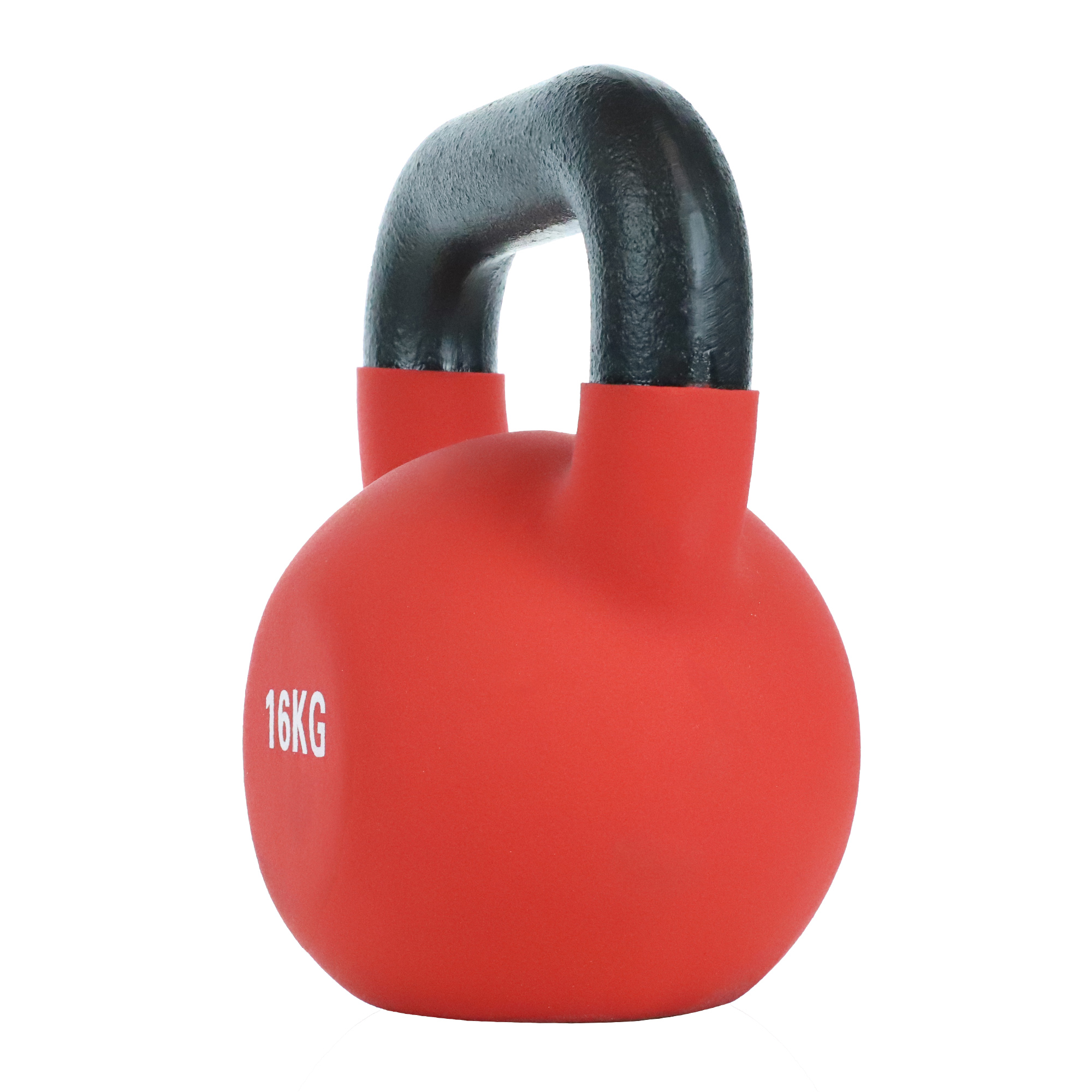Czerwona kettlebell z czarnym uchwytem, oznaczenie 16KG.