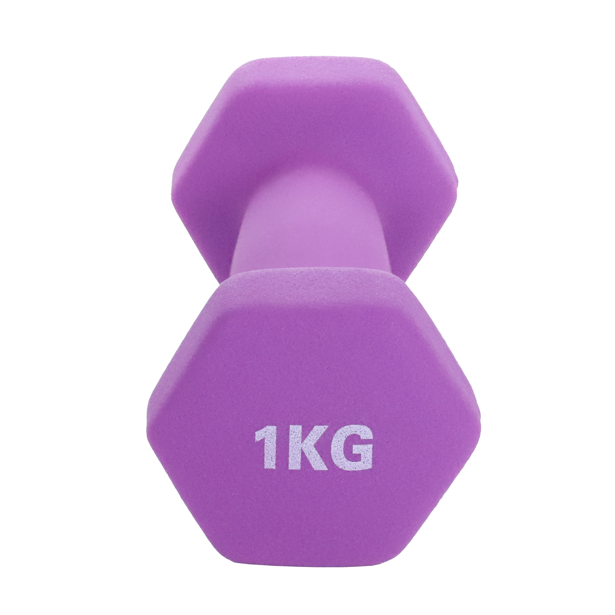 Fioletowy hantel o wadze 1 kg na białym tle.