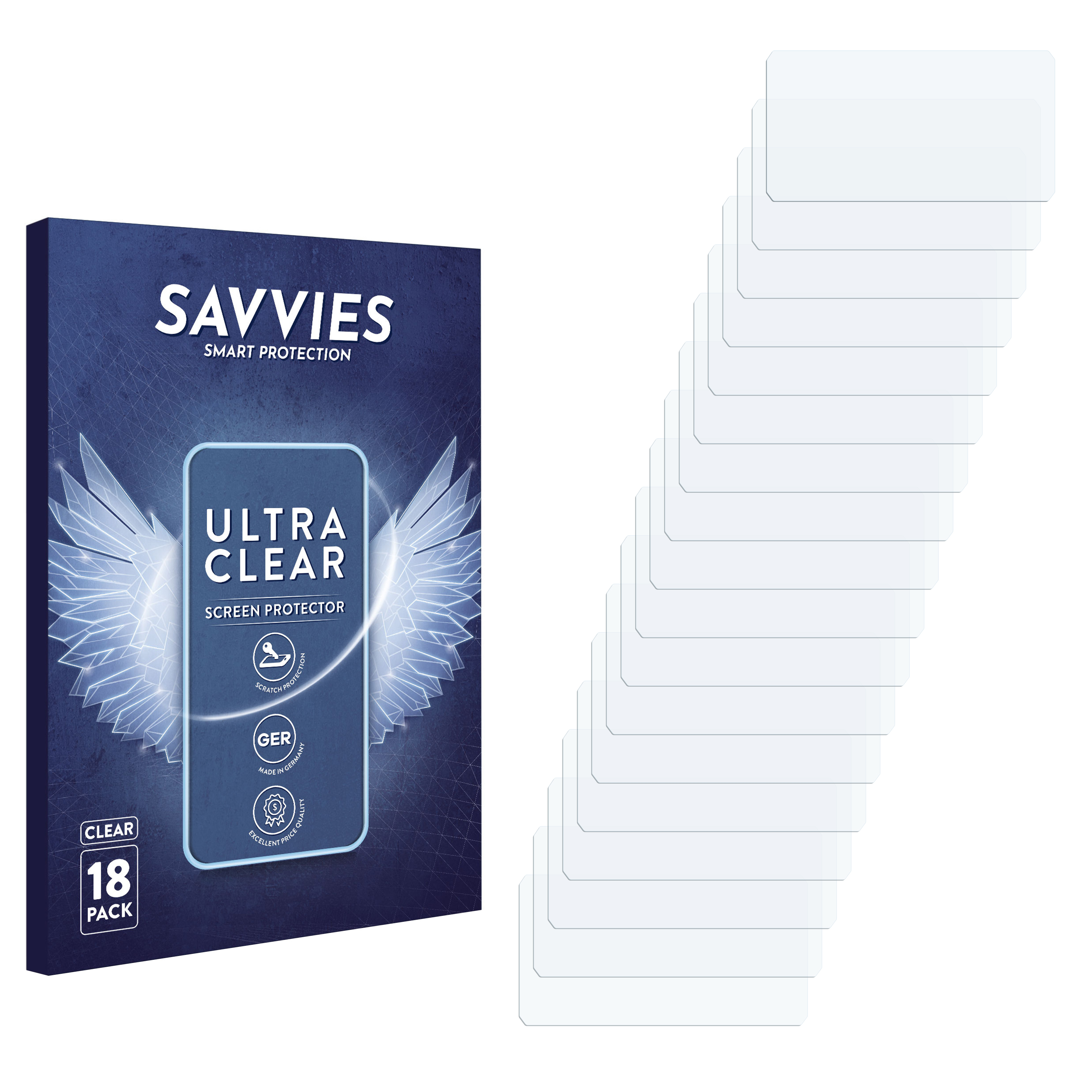 Verpackung für 18 klare Displayschutzfolien mit Flügel- und Handy-Symbolen.