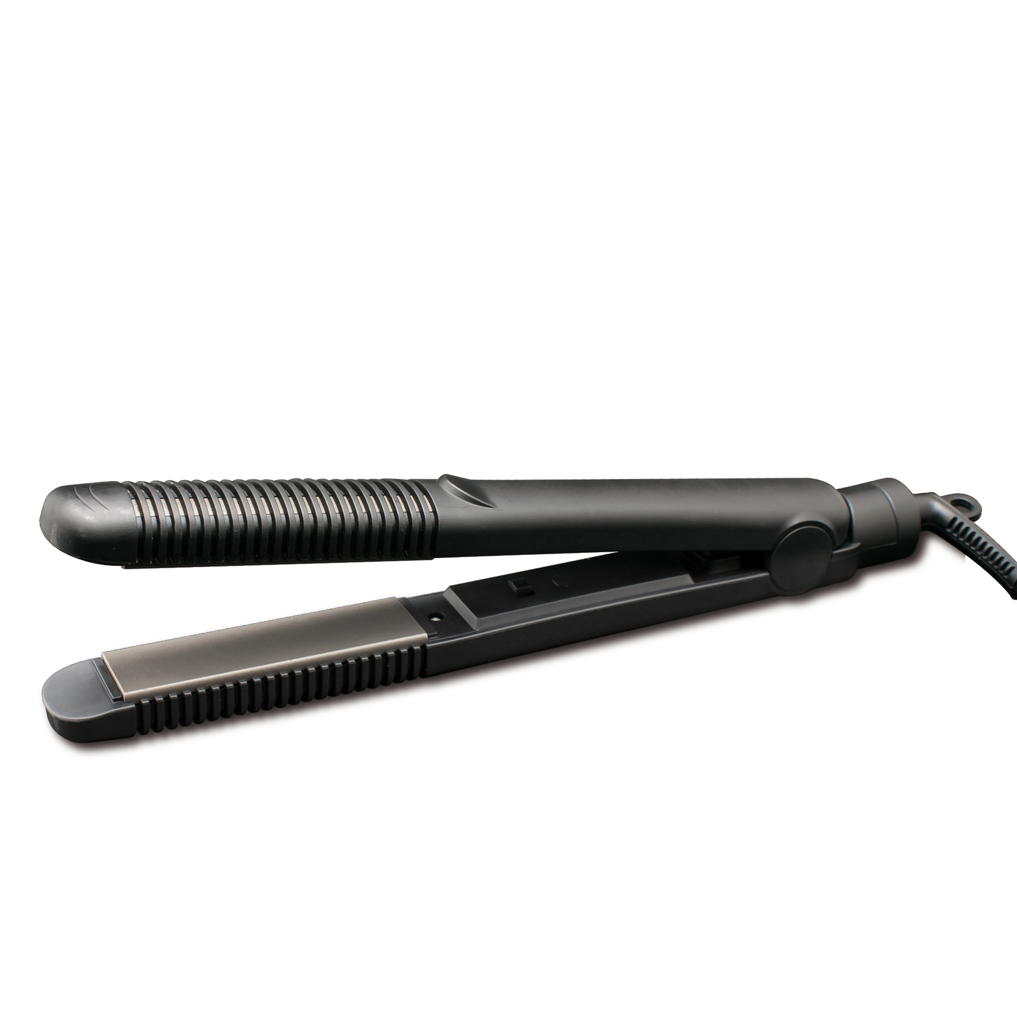 A black hair straightener with ribbed handles and smooth plates.