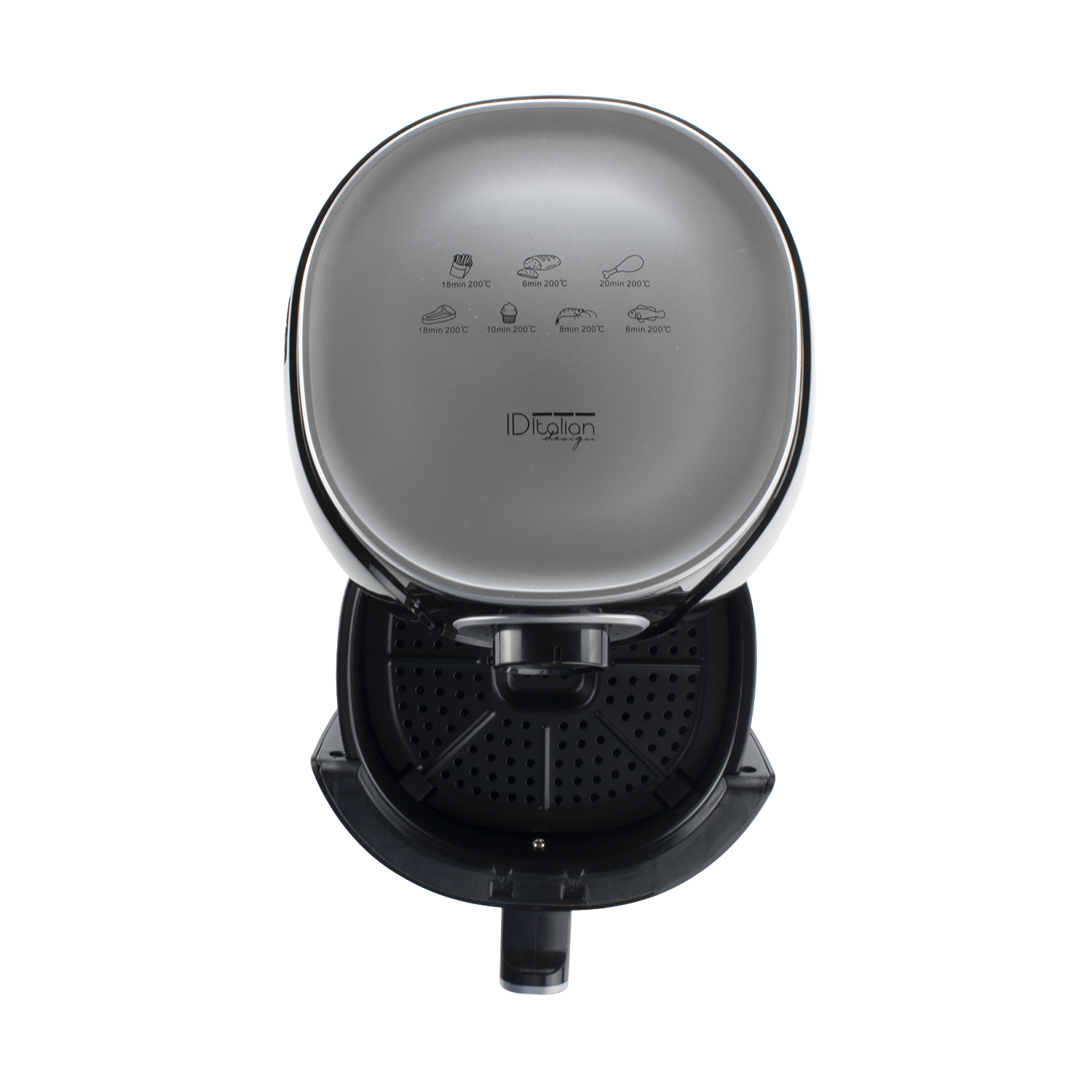 Een zilverkleurige airfryer met open deksel, waarop kooktijden en temperaturen worden weergegeven.