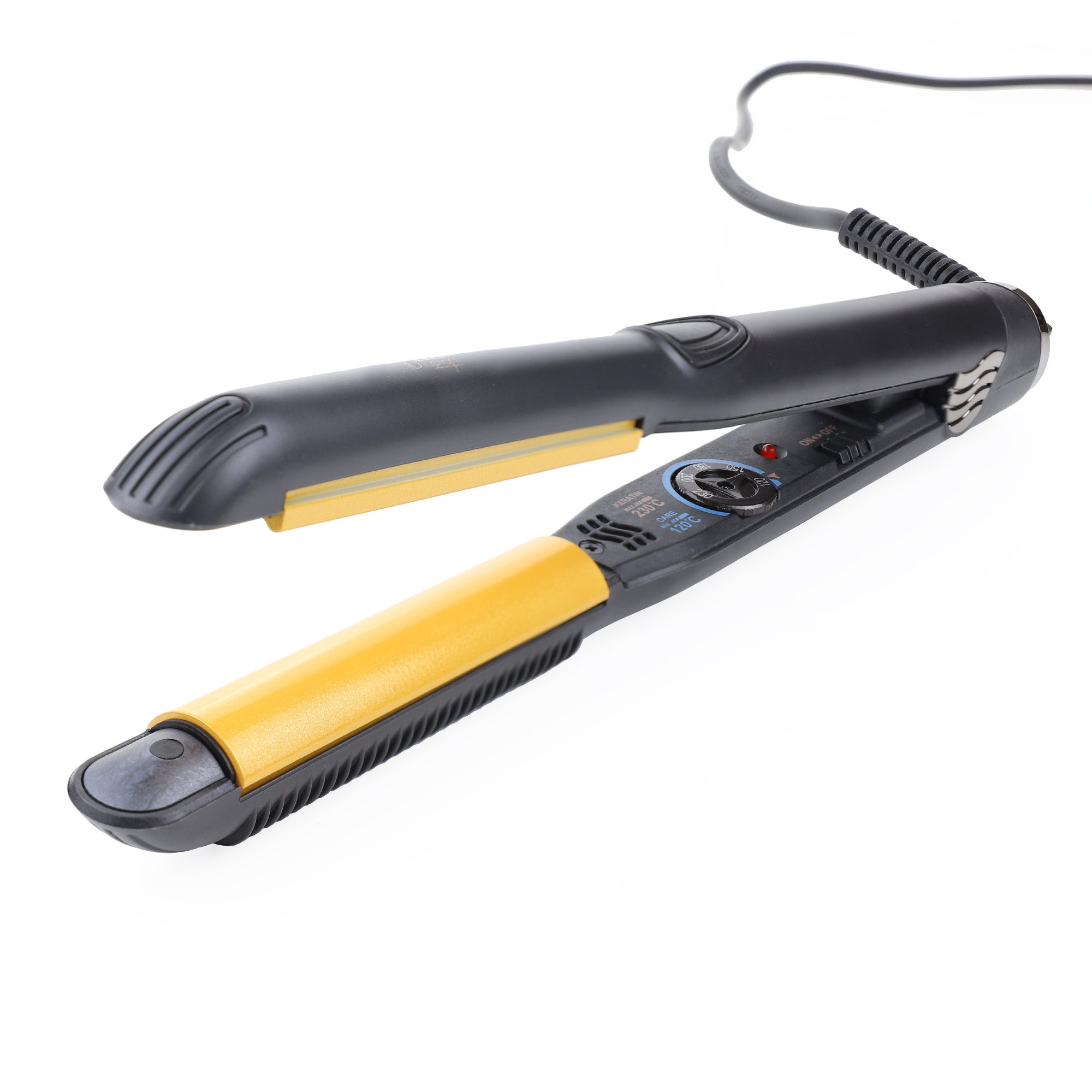 Czarna i żółta prostownica z pokrętłem temperatury i kablem.