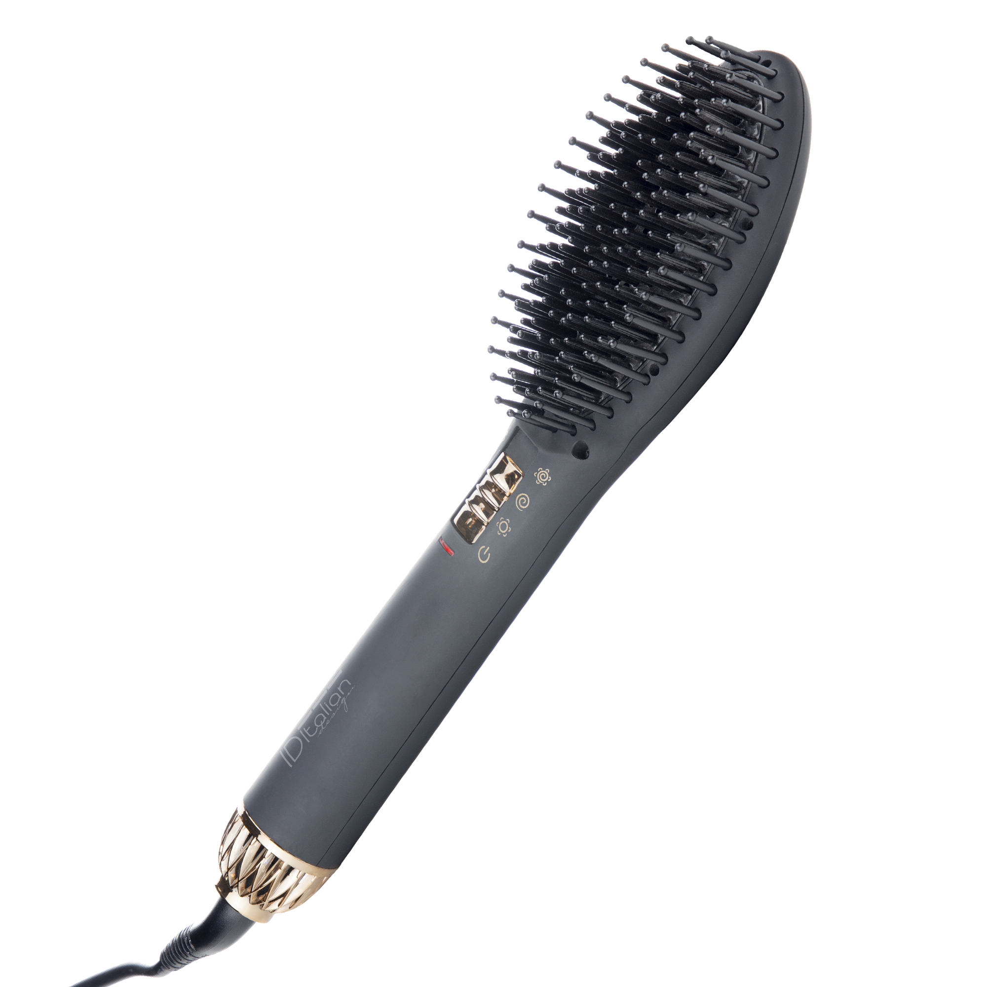 Ciemnoszara szczotka prostująca ze złotymi akcentami i czarnym kablem.