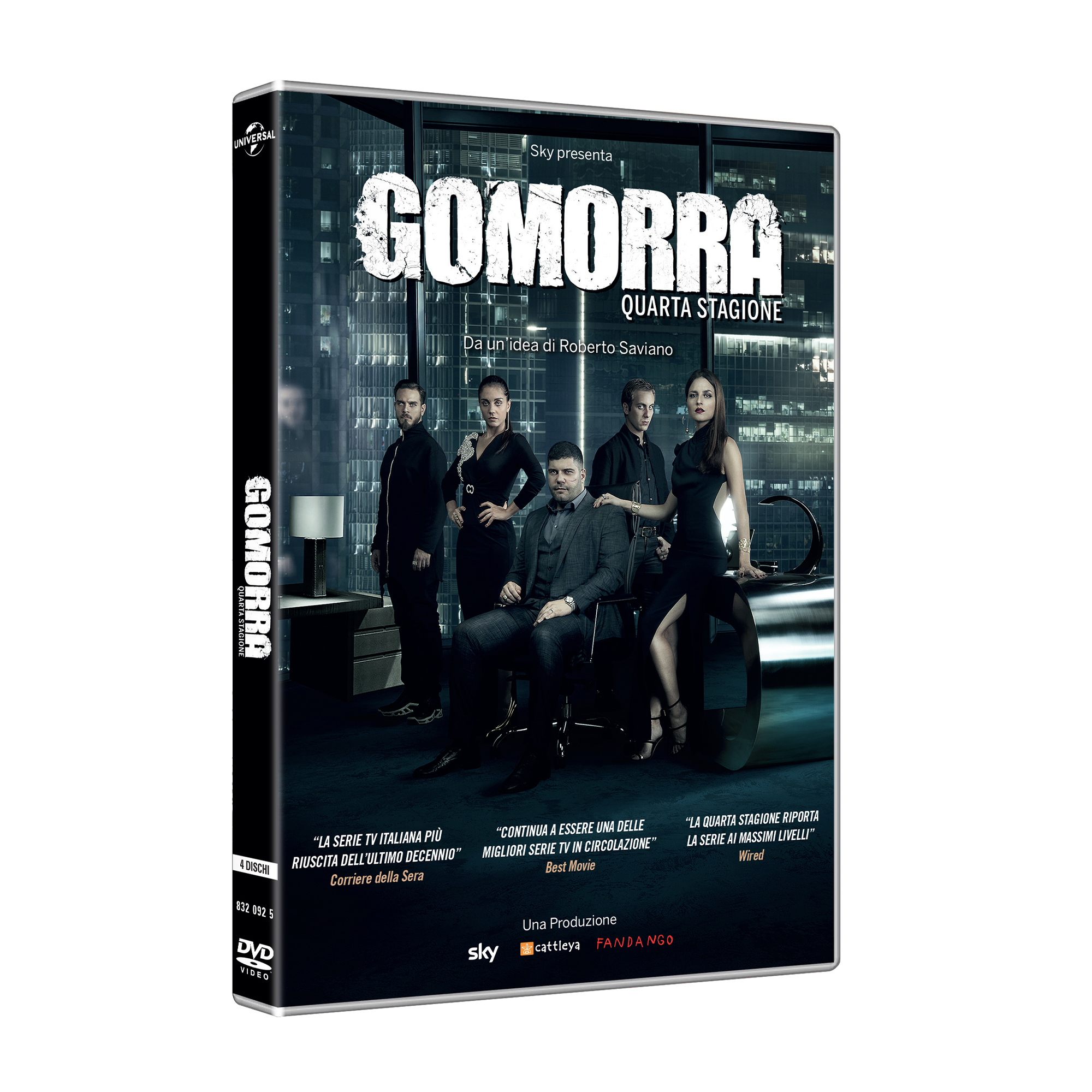 Copertina DVD Gomorra, Stagione 4, con 5 persone e sfondo città.