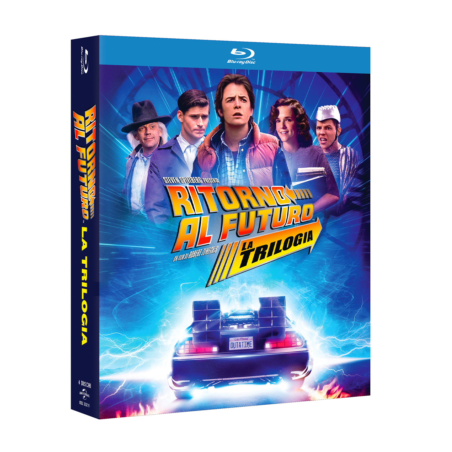 Blu-ray hoes "Terug naar de toekomst trilogie" met personages en DeLorean.