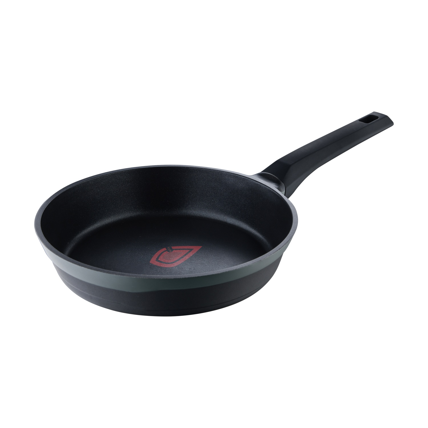 Padella nera con manico nero e logo rosso.
