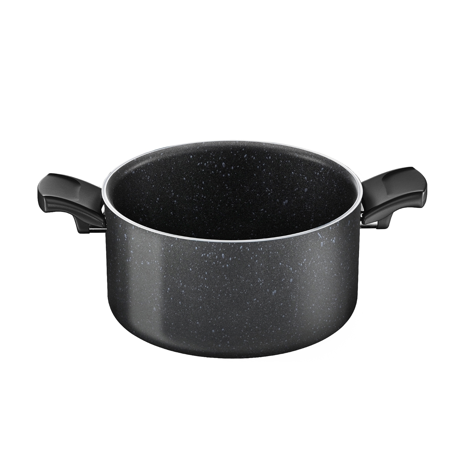Una olla negra con dos asas, sobre fondo blanco.