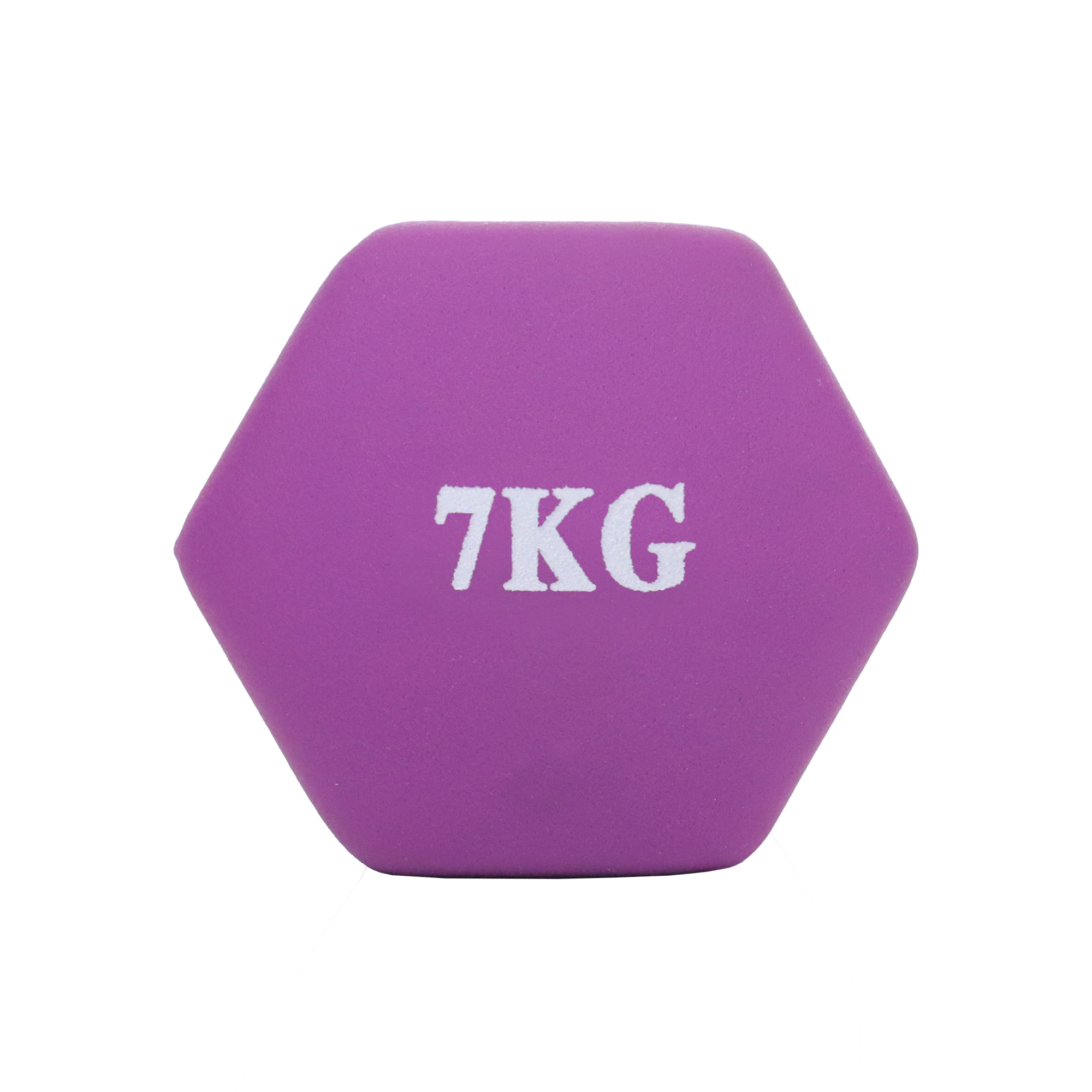 Fioletowy hantel z napisem 7KG, na białym tle.