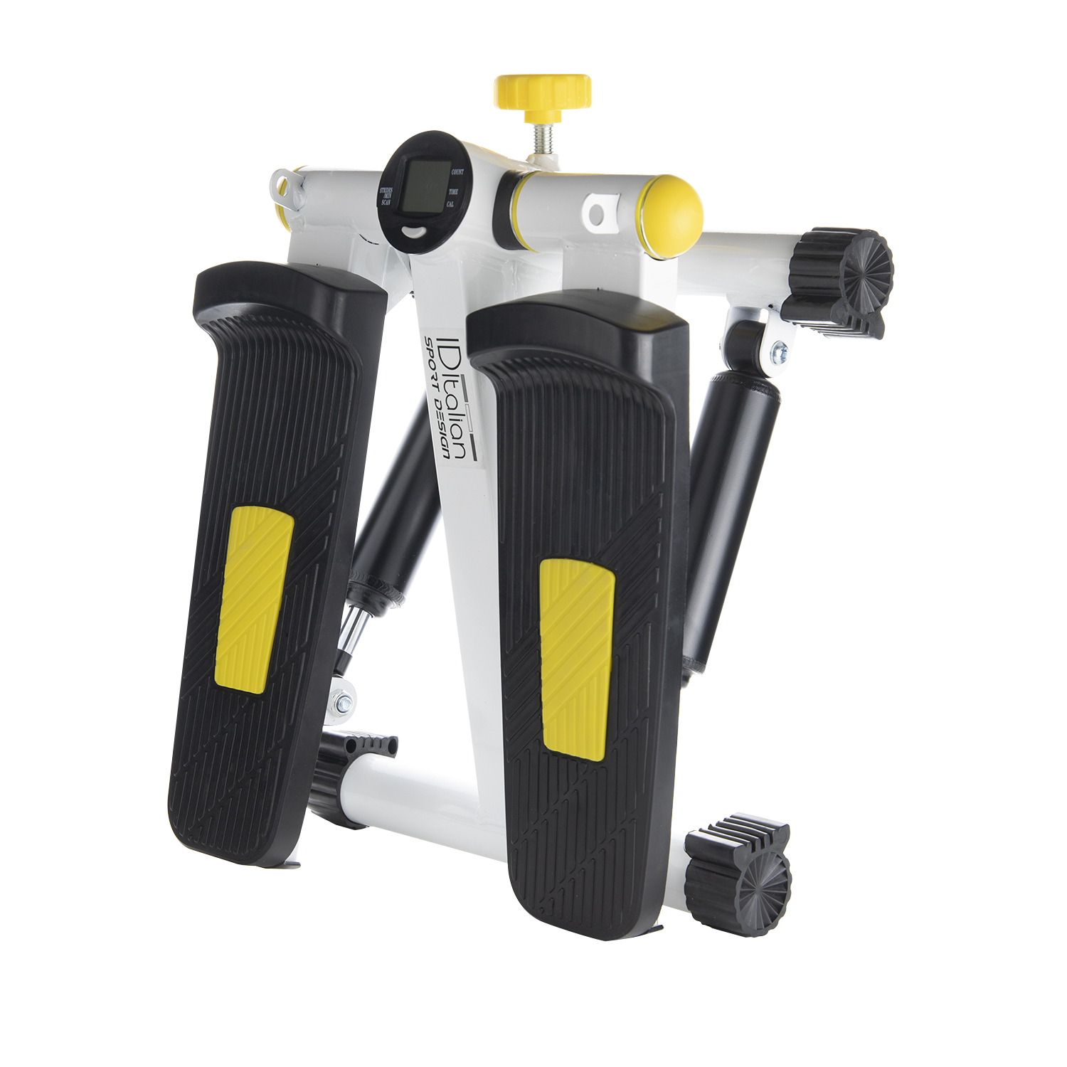 Biały stepper z czarnymi pedałami i żółtymi akcentami, na białym tle.