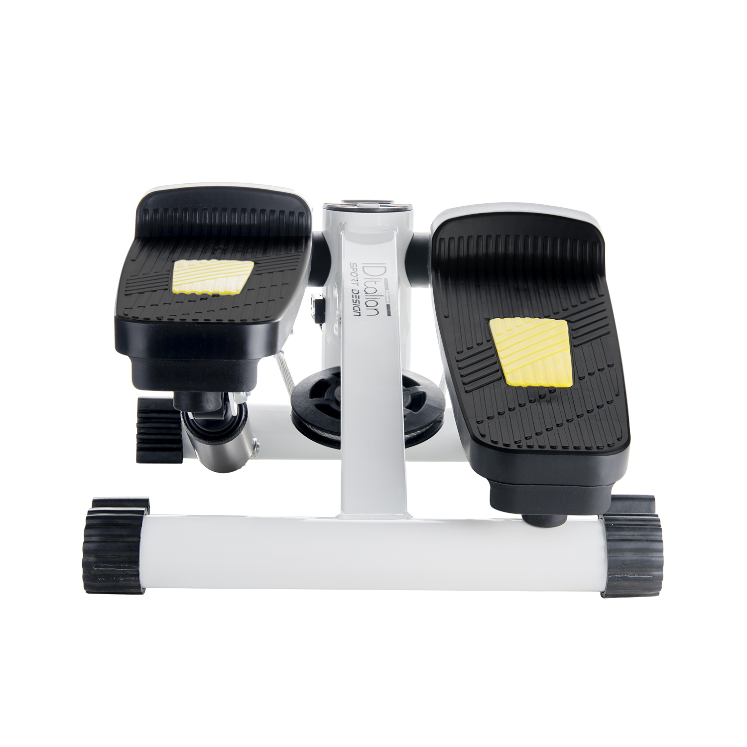 Biały stepper z czarnymi pedałami i żółtymi akcentami.