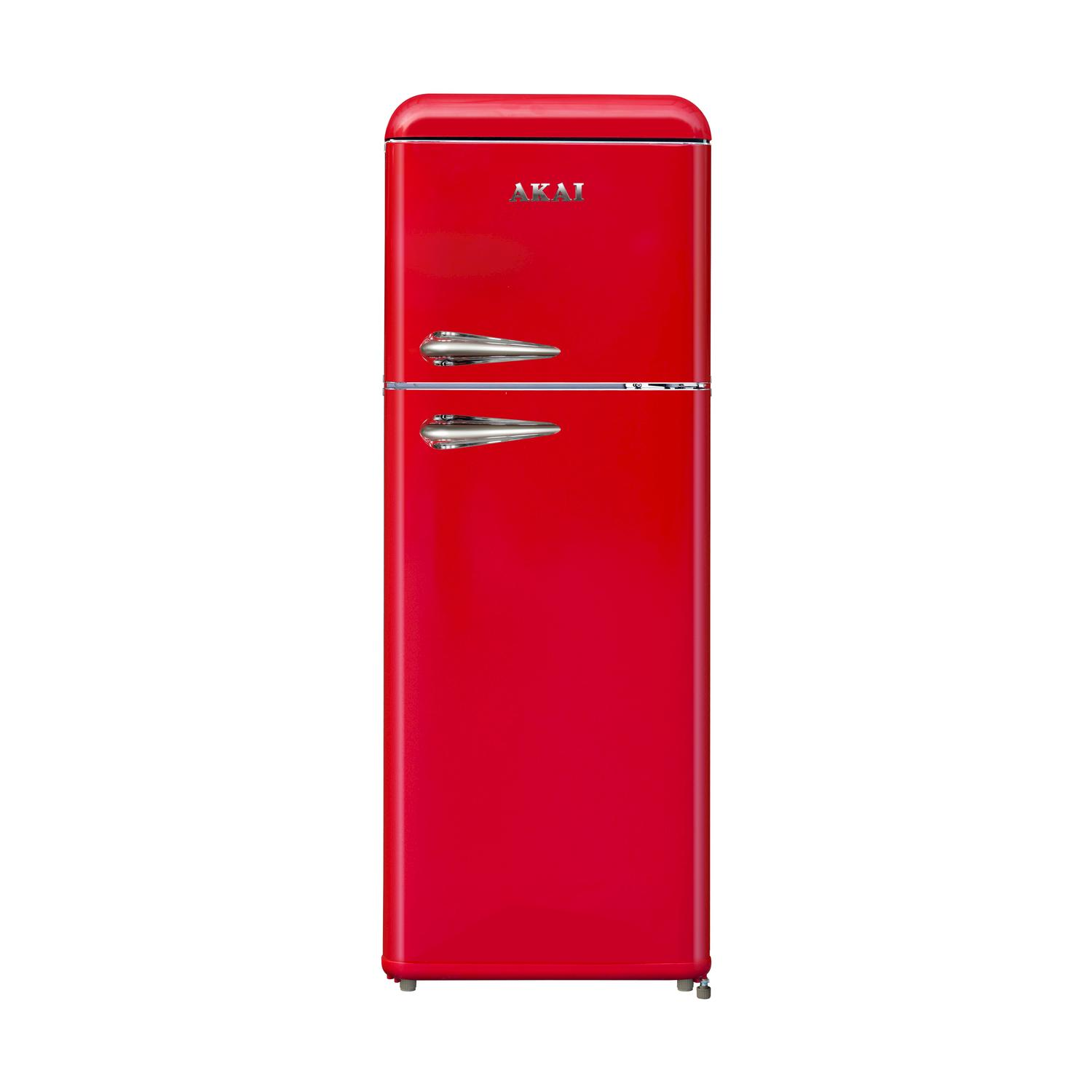 Un refrigerador AKAI rojo con dos puertas y tiradores plateados.